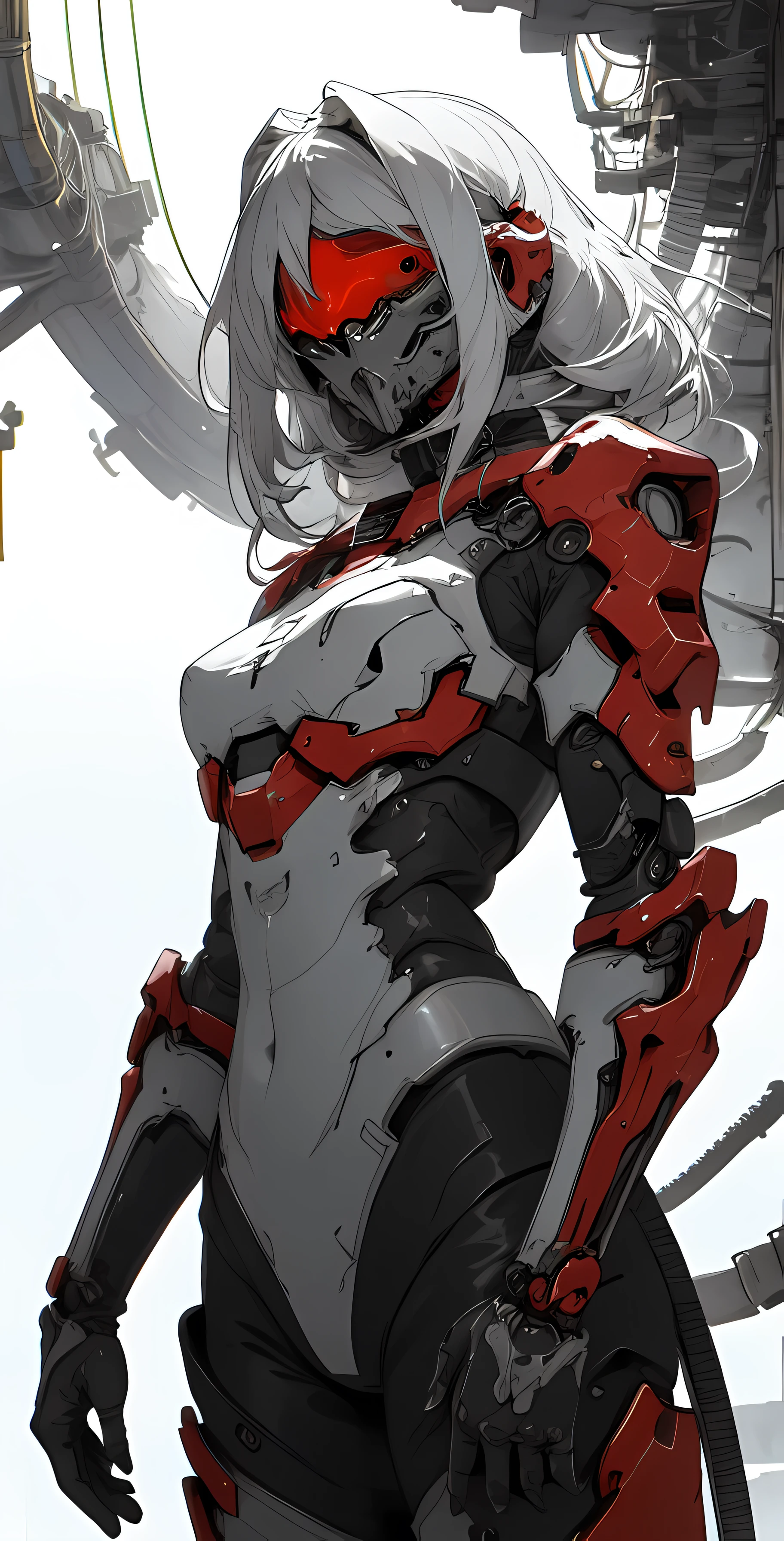 a close up of a female deity with a black and red biomechanical body, black and white void space, mix of magic and science, magic, science, black and red biomechanical details, silver tracing around some armor pieces, great character design, white biomechanical details, red mecha, highly detailed exquisite art, intricate red armor, no face, halo of energy over his head,