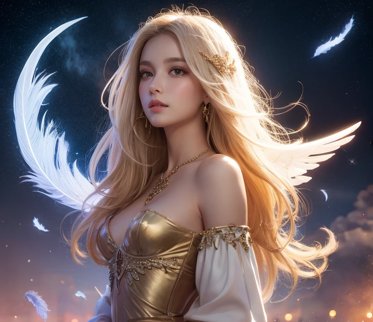 Masterpiece、from the front, Look directly at the viewer,Beautiful girl angel, Holding a small white bird in her hand、A kind smile, Big Blue Eyes, White skin、blonde,A beautiful hair ornament with gold carvings and rose flowers.、 White Dress, On my back2Angel wings in pieces, 、Space background with lots of sparkling stars, Sparkling Light, 8K digital art、