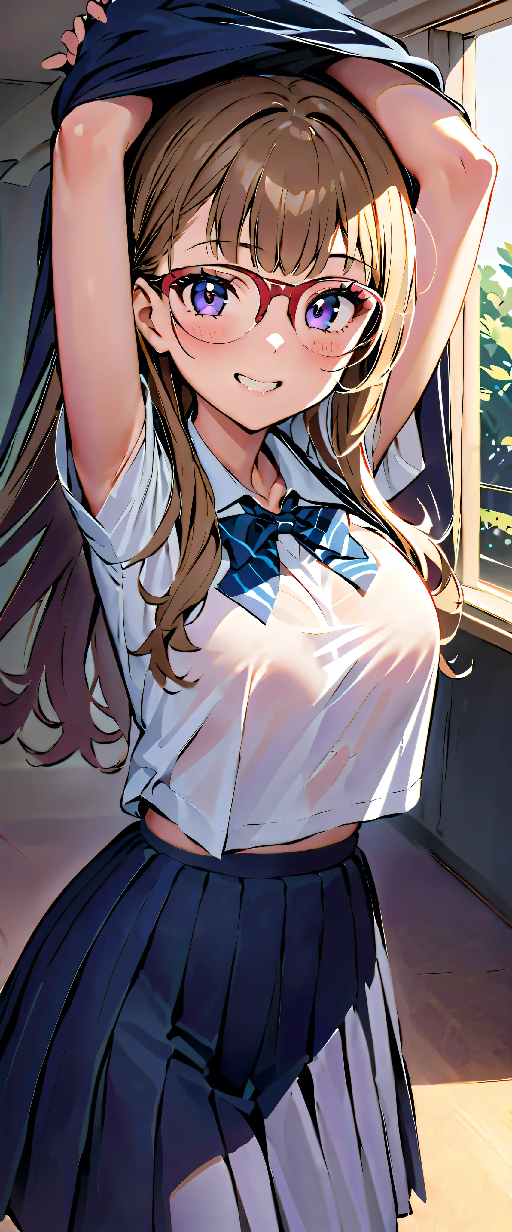 (((Masterpiece)))、(( best quality))、( Ultra Detailed)、(CG illustration)、(   very beautiful girl ))、   cinematic lights  、(( 1 girl))、 、(Beautiful and luxurious:1.2)、(  one girl:1.3),School,  middle school student of luck ,((school uniform)),,smile,teeth,fits snugly against the skin, skinny, big breasted,  cute pose ,(   see-through shirt  )Glasses