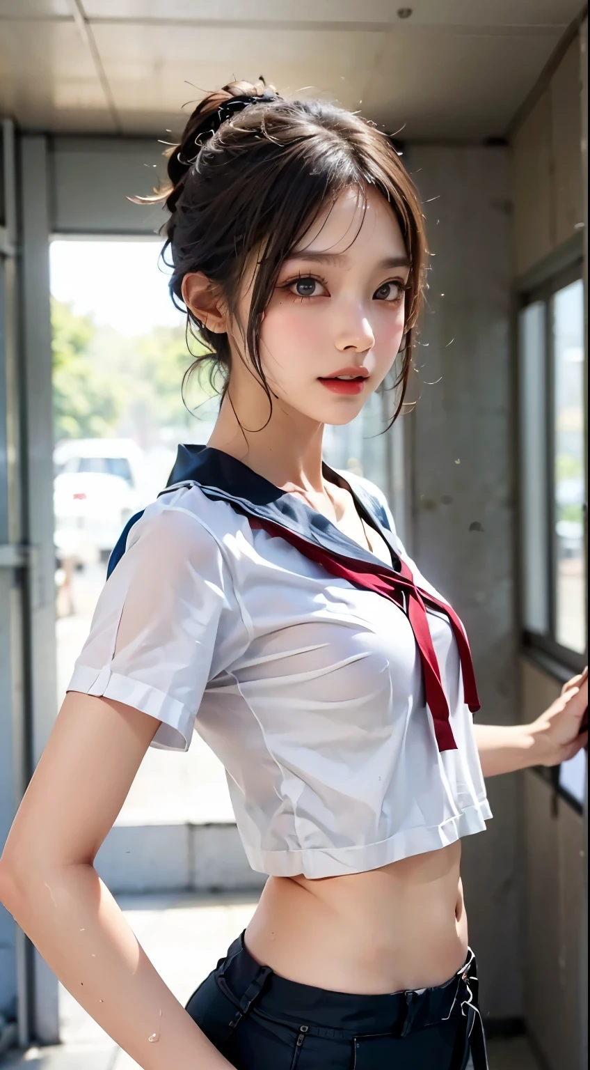 realistic glowing skin, (sweating:1.3),standing backwards,Look back at your face,always look at the camera, (Uniforms become transparent when wet.:1.2),Lift up Time&#39;s chest with both hands,
classic white and black sailor suit,summer clothes,cold look,cold gaze,black hair,,tie hair short,White skin as clear as silk,best realistic depiction,(very detailed美しい顔), wonderful face and eyes, (highest quality:1.4), (Super detailed), (very detailed CG 統合 8k 壁紙), very detailed, High resolution RAW color photos, professional photography, realistic portrait,
 (Detailed full body RAW photo of girl), Canon EOS R5 250mm, sharp focus, cinematic lighting,  (no makeup:1.2), Fine skin texture, fine clavicle texture,Detailed texture of sailor suit,Very realistic sailor uniform texture,(ultra high resolution:1.6), (realistic:1.6), 