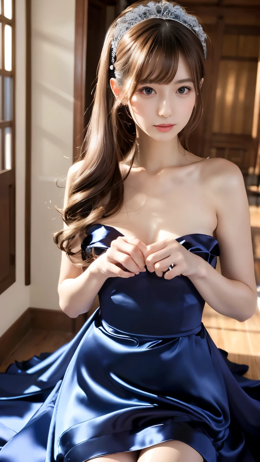 1 girl, downblouse, , munechira,(((small breasts))), looking away,leaning forward,bending over, , birds-eye view shot , Upper body, necklace ,in at wedding reception,long sleeves dress,decolated detailed bra within,long skirt, short hair