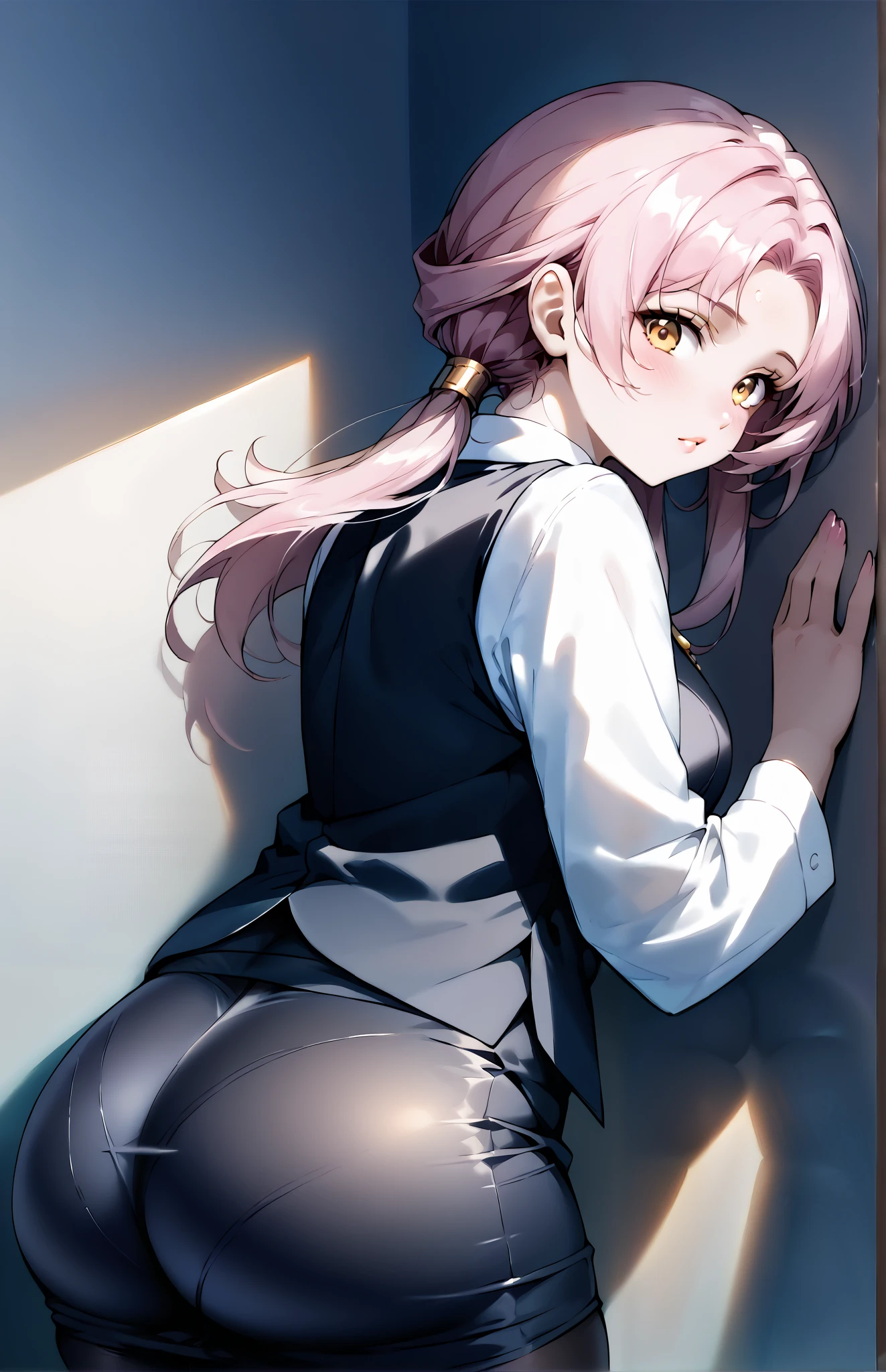 score_9, score_8_up, score_7_up, source_anime, 4K,perfect fingers,(perfect hands, perfect anatomy),prefect lighting, very aesthetic, intricate details,highly detailed background, masterpiece, high quality, best quality,
1girl,solo,fu xuan, pink hair, yellow eyes, bare shoulders, parted bangs, twin tails, bow-shaped hair, low twintails,Large Breast,
wearing ((office lady,vest over a long-sleeved white collared shirt,Vest with buttons, black Vest thight,tight black pencil skirt,Black Pantyhose,)),
looking at viewer, ((against wall:2.0)), blush, leaning forward, ((Arms on Wall:1.5)),from side, ((butt on massage:1.9)),