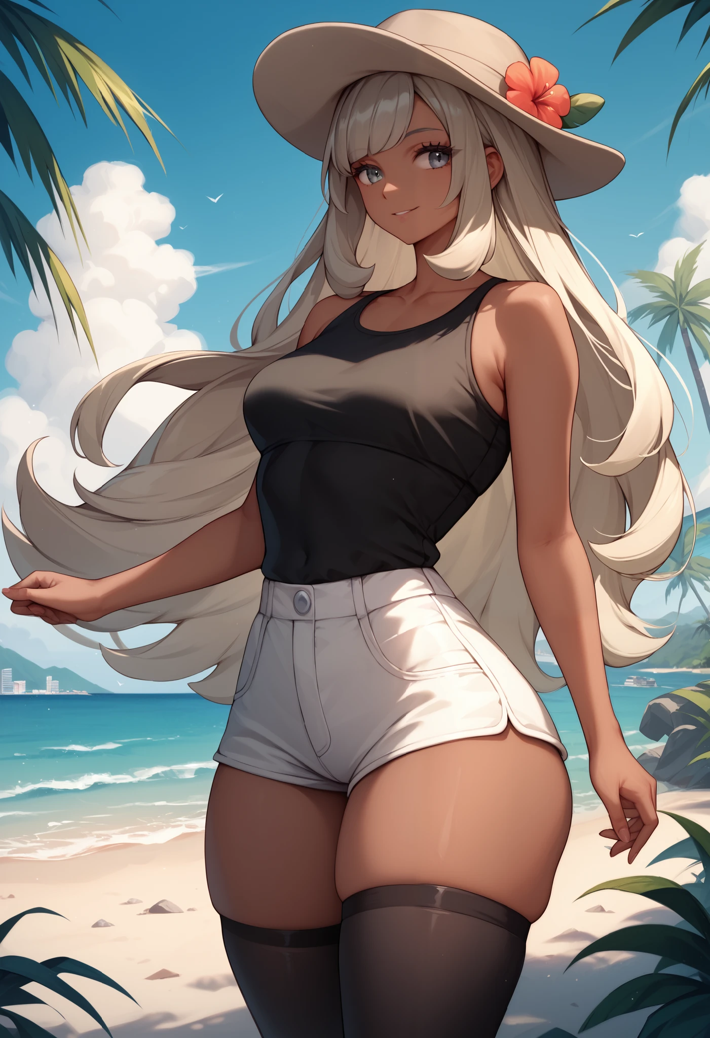 Solo, 1girl, ((medium breasts)), small waist, small hips, thick thighs, pokemonselene, platinum blonde hair, grey eyes, very long hair, long bangs, bangs, outdoors, tropical beach, city boulevard, sunny, skinny, collarbone, white shorts, black shirt, sleeveless, black thighhighs, gray loafers, (black_striped beige fedora), ((dark skin)), long top, cowboy shot, skindentation, slight smile, l00se_t0p, tucked shirt, far away, Standing,