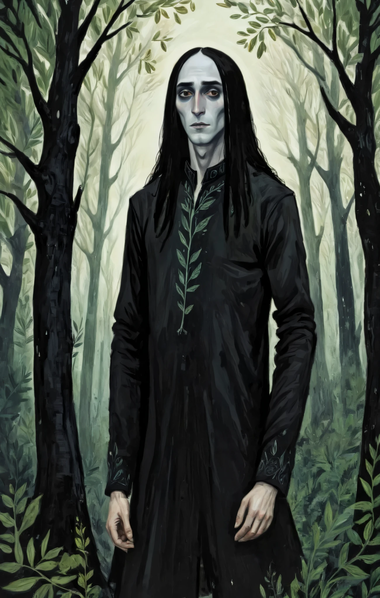 2D ART, hyper detailed gouache painting, illustration, gougoupaintleaves style, portrait of a man, 1boy, solo, long hair, male_drow:1.5, dark elf, black eyes, detailed face, handsome features, tonned, lean body, wearing vibrand black clothing, detailed hands, pointy ears, standing in a dark forest, full_body_portrait, very detailed expressive face