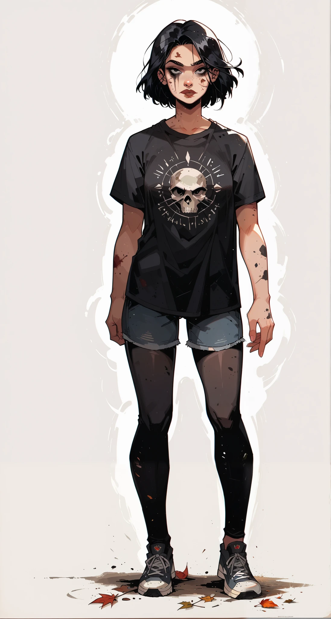 score_9, score_8_up, score_7_up, score_6_up, Neonhades, soft expression, gougoupaintleaves, black hair, black eyes, traditional media, facing the viewer, cute, full_body_portrait, white background, dark art catoon_stylized_features , full body shot:1.5, 1girl , wearing black t-shirt, black leggings, hyper dynamic scene, detailed face, perfect detailed hands, Masterpiece, High Resolution, Accurate, Anatomically Correct, Best Quality, Award Winning,