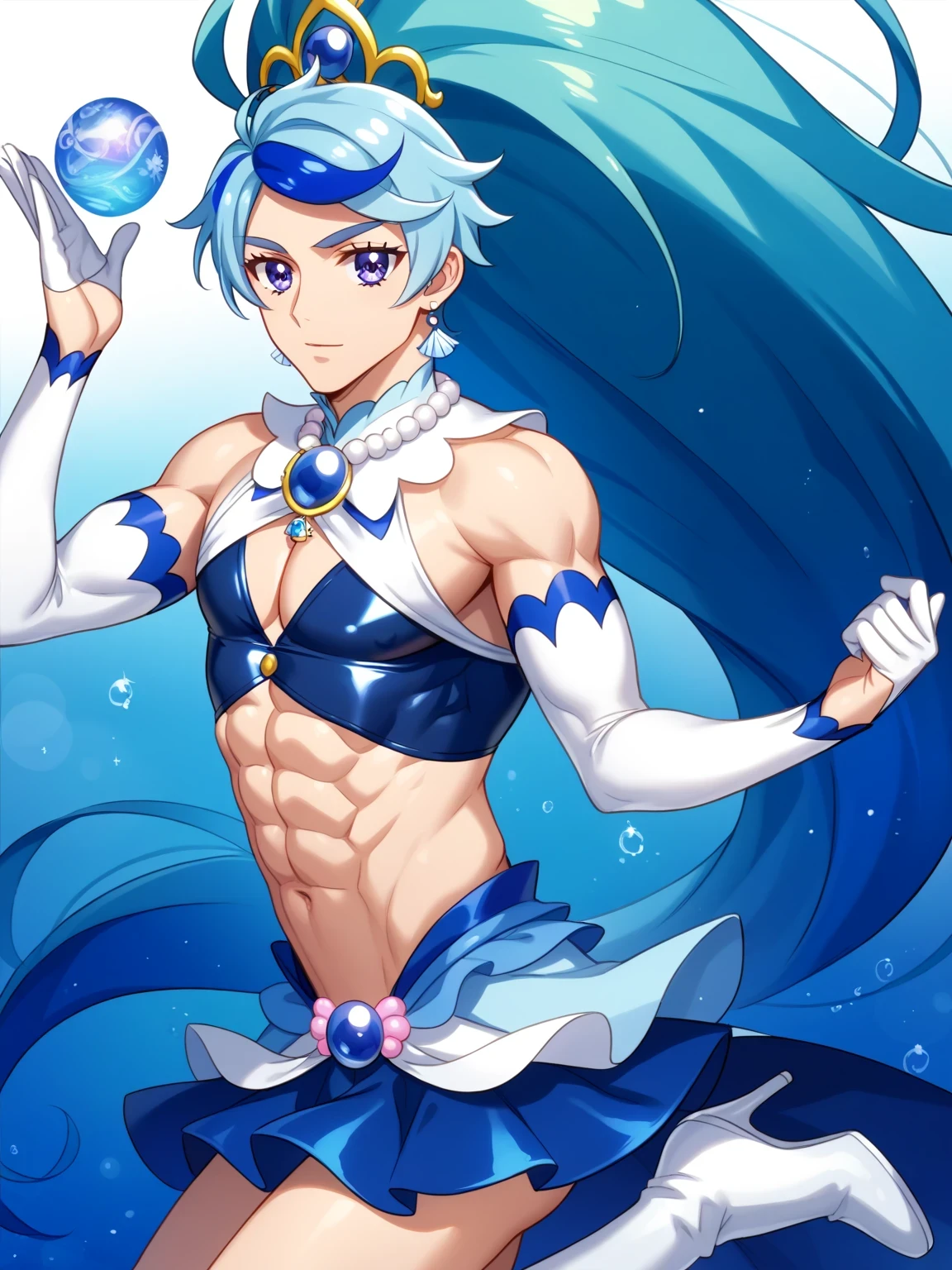 score 9 , score 8 up, score 7 up, source anime, masterpiece,  top quality,  high resolution, 1boy ,  blue hair, Beautiful Celestial Mage, shell, pearl, jewelry,  hair ornament, sea warrior, Aura of water, Heavenly Aura, sea aura, Alone, purple cyan long haired boy , high ponytail hair, multicolored hair, two tone hair, streaked hair, gradient hair, Close up of an anime male character with braided purple bangs , eyelashes, thick eyebrows, hair flip, shell crown,  Knight of Zodiac Boy , shell  hair ornament, Sparkling Magical Boy,  royal elegant pose, anime man in a blue bikini dress , Anime man in a belly-baring costume, Anime Prince,  Pale Arm Warmers , white gloves, white knee boots, white detached sleeves, white high heels, Blue Crop Top Dress , bikini top with an blue,  fleshy male , crop top with an blue,  Blue Miniskirt, bikini top with an triangle,  Blue Flare Skirt , layerd skirt, A magical aura around him, Masculine and muscular, Portrait of Zodiac Boy Knight, feminine male, Magical Glossy Skin, LATEX MATERIAL COSTUME , slender body, at night!!, purple latex, light blue latex, two tone latex, multicolored latex,  male focus, looking at viewer, cure mermaid costume, Alone focus, cowboy shot, Bare legs, Bare thighs, Bare shoulders, midriff, navel, abs, pectoralis major, stomach, biceps, triceps, deltoids, thigh muscles,  fleshy male , (manly:1.9), (male body:1.9), (manly face:1,85),
