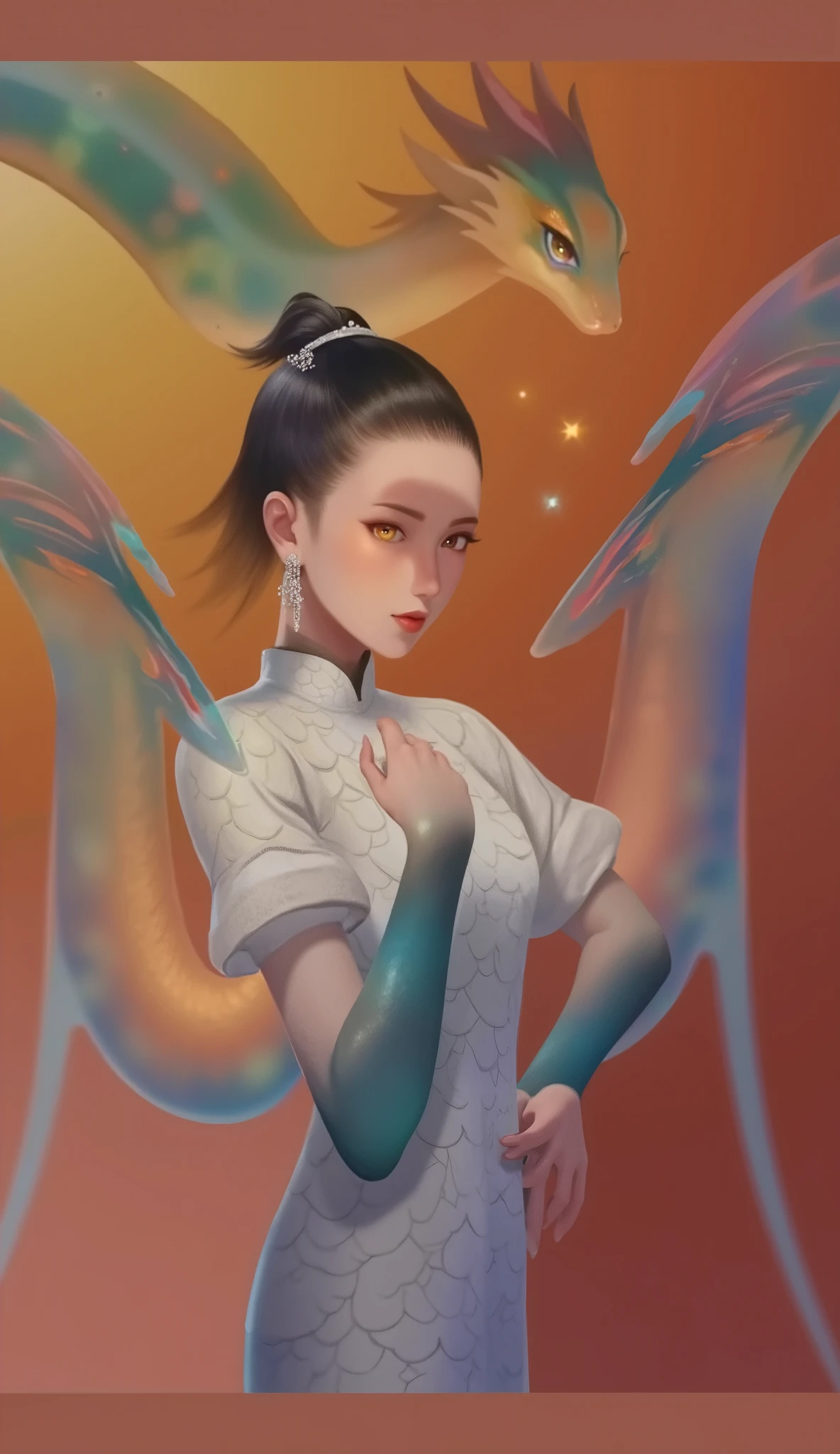 A beautifully detailed mythological girl with a serpentine body, body with intricate snake scales, flowing hair, glowing eyes, detailed face, elegant and graceful pose, Ancient Chinese myths and legends of Nuwa, Fuxi, Mystical and Divine Being, 8K, High Resolution, Super Detailed, Cinematic Illumination, Dramatic Illumination, Vibrant Colors, Fantasy Art, Conceptual Art, Digital Paintings, Highly Detailed, Ultra Realistic, . Realistic