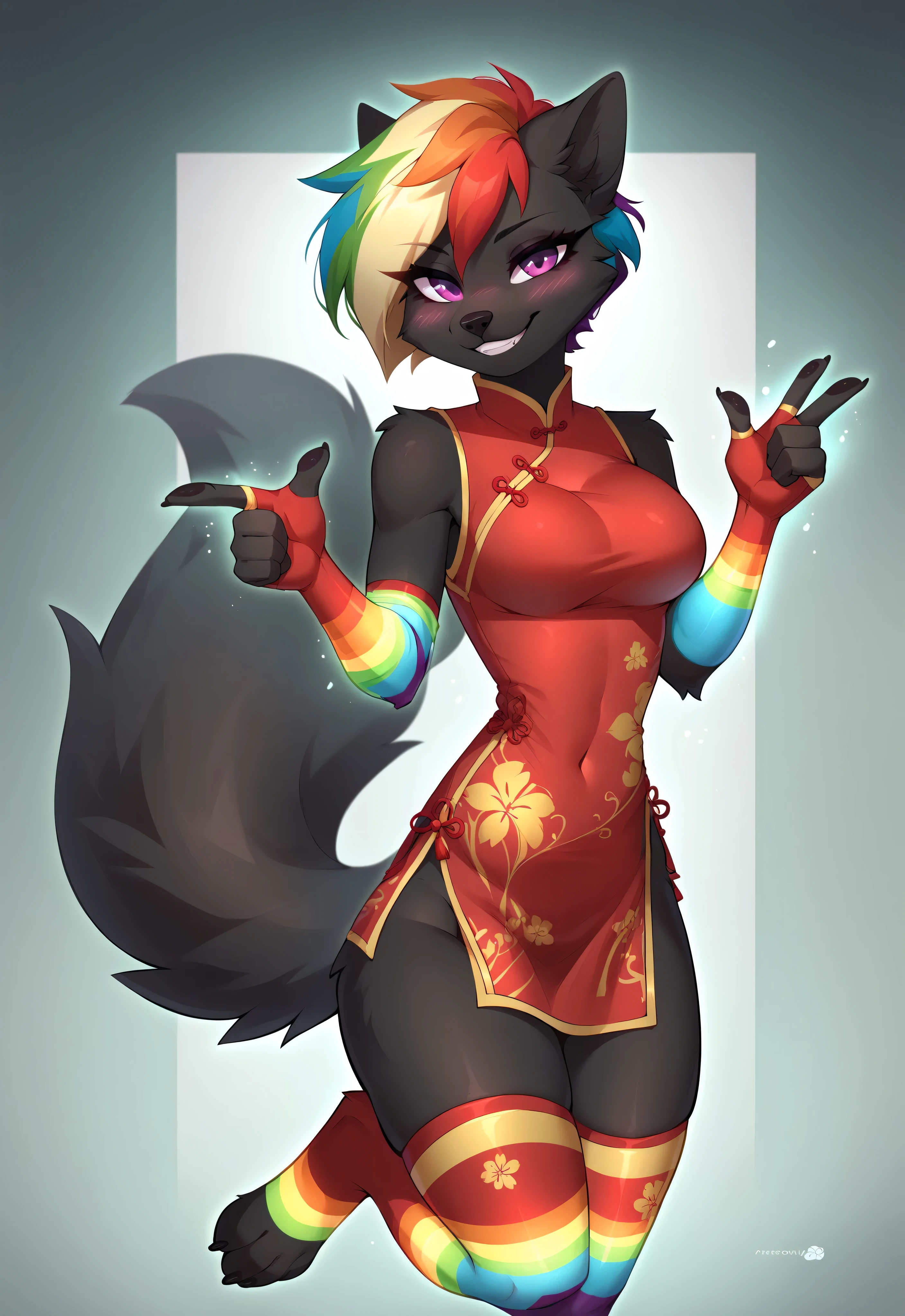 (4K HD Quality), score_9_up, score_8_up, score_6_up, anthro, solo, 1girl, furry, black fox, black body, black fur, (rainbow hair color: 1.2), short hair, purple eyes, black fox tail, medium large breasts,
((glowing gloves), (rainbow sleeves gloves), (fingerless gloves)),
((glowing socks), (rainbow thigh high socks), (toeless socks)),
blush, perfect teeth smile, looking at view,
Chinese New Year, Chinese clothing, Chinese clothes, red clothes,