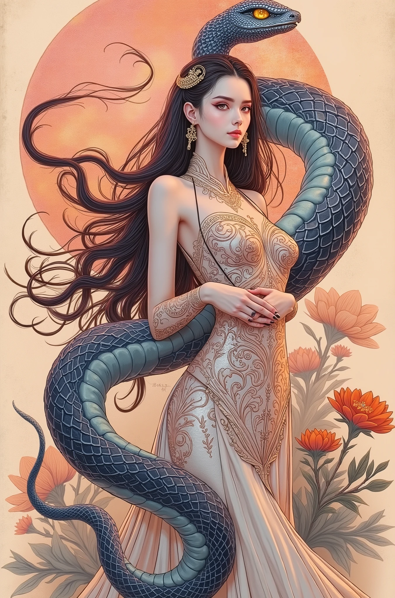 A beautifully detailed Mythological Ancient Chinese Mythological Legend of Nuwa, she is the body of a snake, body with intricate beautiful snake scales, slender eyes, flowing hair, glowing eyes, detailed face, snake coming to life, vintage colors, elegant and graceful poses, mysterious and divine presence, 8K, high resolution, super detailed, dramatic lighting, vibrant colors, fantasy art, conceptual art, digital painting, highly detailed.