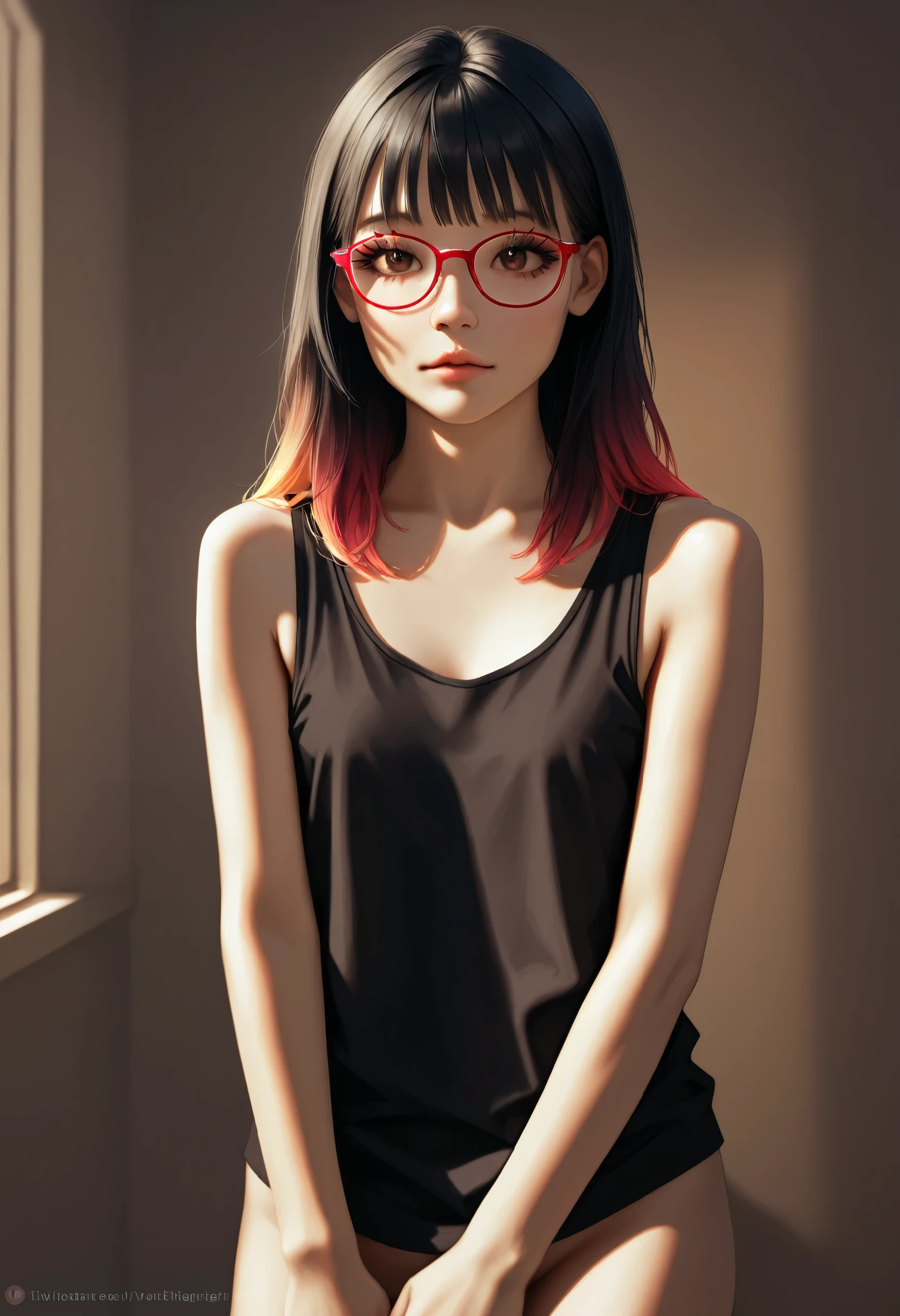 a young girl with short black hair, red-rimmed glasses, wearing a tank top, no pants, not smiling, with brown eyes, detailed face, beautiful detailed eyes, beautiful detailed lips, extremely detailed eyes and face, long eyelashes, photo-realistic, 8k, masterpiece, highly detailed, digital painting, cinematic lighting, vibrant colors, warm color palette, realistic shadows and highlights, natural skin texture, volumetric lighting
