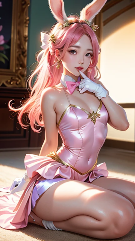 masterpiece, highest quality, Absurd, Perfect Anatomy, young teen, One girl, alone, Moon, 1990s \(style\), sailor chibi moon Pink Hair, pink pupil, Sailor Warrior Uniforms, Magical girl, Pink Eyes, Pink Skirt, Elbow-length gloves, tiara, Pleated skirt, Hair ribbons, Pink Hair, Twin tails, pink sailor necklace, mini skirt, choker, Red Bow, Pink choker, White gloves, jewelry, Micro Thong Earrings Butt, (1990s \(style\):0.9), Detailed aspect, Sitting, Crossing your legs , Show off your loot, (No laces) Big Ass, smile.