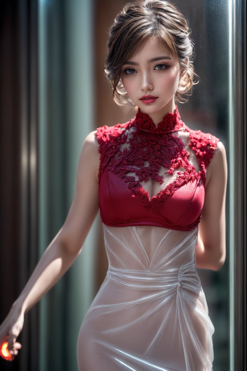 best quality, masterpiece, high resolution, 8K, (Practical: 1.4), Ultra high resolution, 1 girl, Super detailed, 超Reality主义, Highly detailed CG illustrations, Official Art, light, Reality, young beautiful girl, Perfect body, Perfect body, full view, Perfect body, (start from below: 1.3), mask, posture, Sexy long legs, confident, Beautiful and sexy, Grey short sleeves, open belly, Black Super Shorts, S-Shaped Body, Upturned buttocks, Assumptions, 摆posture, Different perspectives