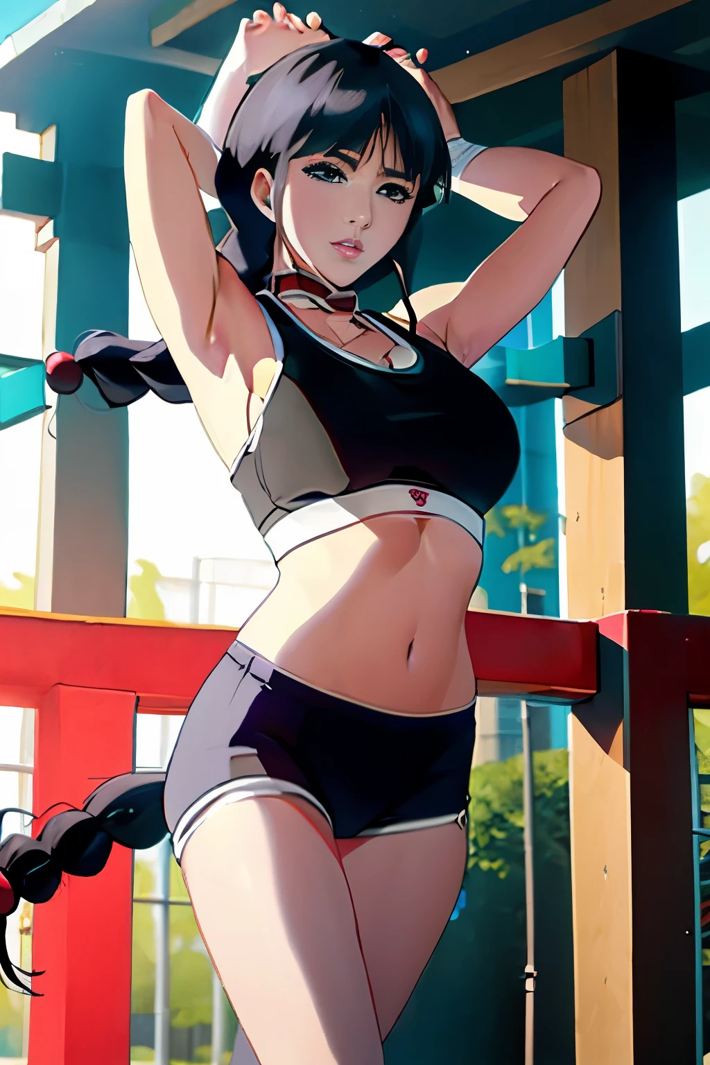 Medium and round breasts ((Nemu Kurotsuchi beautiful and beautiful woman)) (long braided hair with flat bangs, single braid, black hair), ( (sport bra and skimpy sporty shorts)) ((hyper detailed, 16k, masterpiece, hyper realistic, perfect lighting, light and shadow effect on the skin, sharp focus, soft lighting) ), fair skin, woman of superior beauty, beautiful and sensual, ((with big breasts,)) ((in a park)) showing her armpit, long braided hair with flat bangs, single braid, black hair
