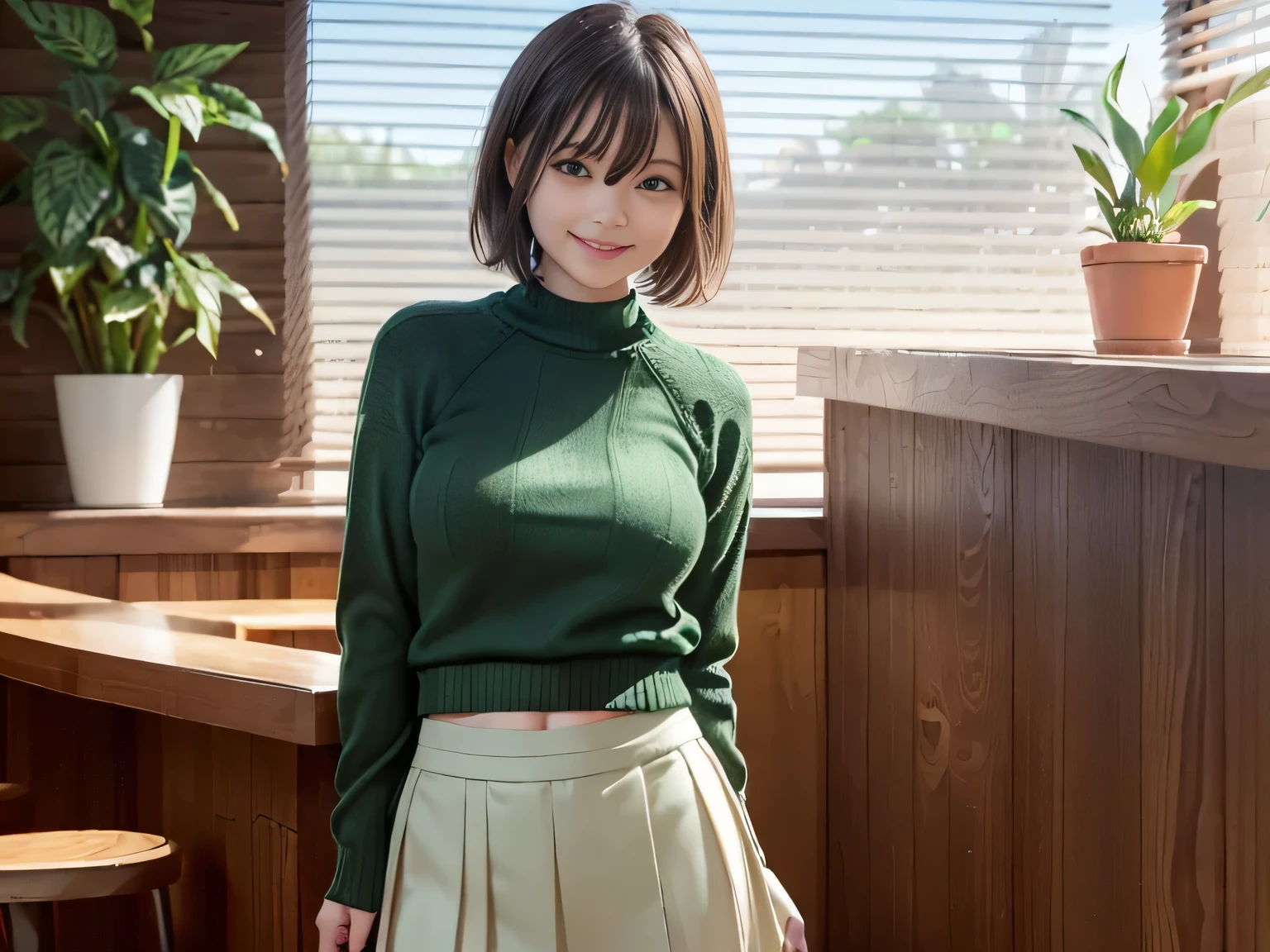 (highest quality, 4k, 8K, High resolution, Tabletop:1.2), Full Body Shot. Super detailed, Realistic:1.37, Light brown hair, Short Bob Hair, Asymmetrical bangs, Mature Woman, high school girl, Casual T-shirts, Green and brown checkered micro mini pleated skirt, Super super slender body, Shy and cute face, A very happy smile, ((Pose on Salute))