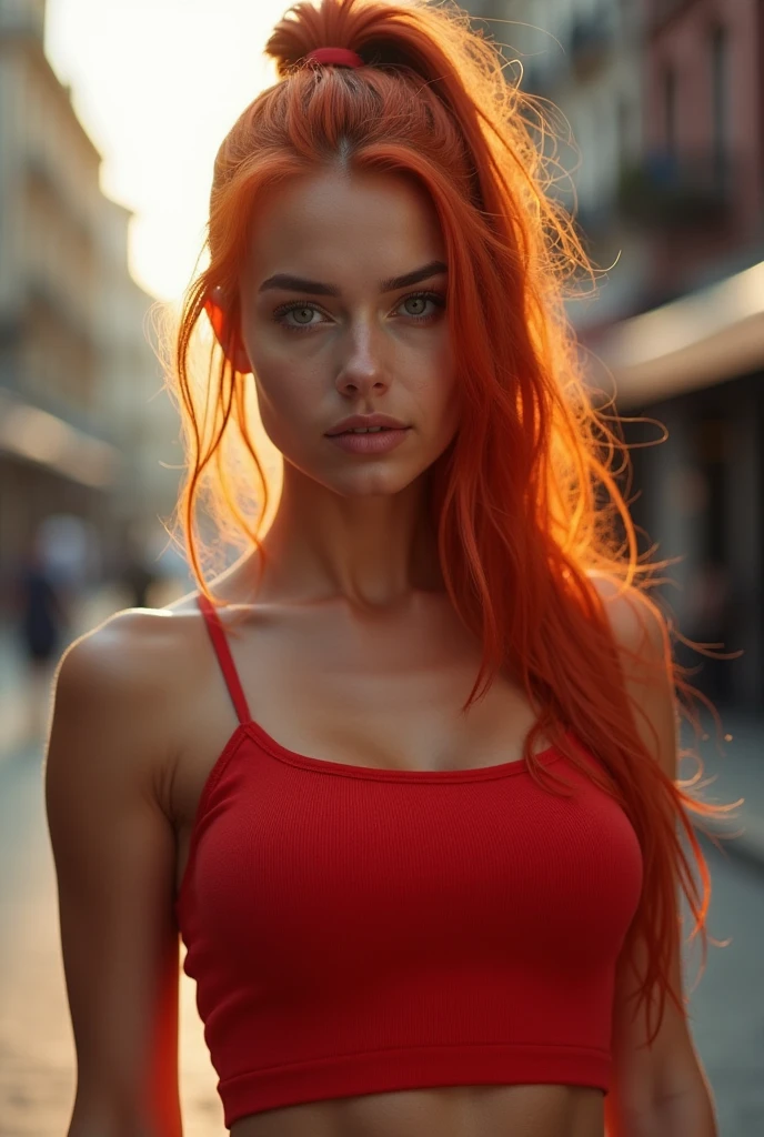 an ultra-realistic image, hdr con una focal 50mm f2.8, A young woman of approximately , of athletic build and determined appearance. has long straight hair, of a vibrant copper color, falling in soft layers over her shoulders. His eyes are large and expressive, of an intense emerald green, with a look full of confidence and determination. Her skin is light and slightly tanned., suggesting outdoor activity. He has a toned physique, with a lot of sweat after training, She is wearing only a pair of panties. His boots are black, robust, and seem designed for action. The expression on his face reflects confidence and concentration., with a touch of kindness in his smile. The background shows a slightly out-of-focus urban environment., with tall buildings and neon lights, suggesting that he is in the middle of a mission in the city.