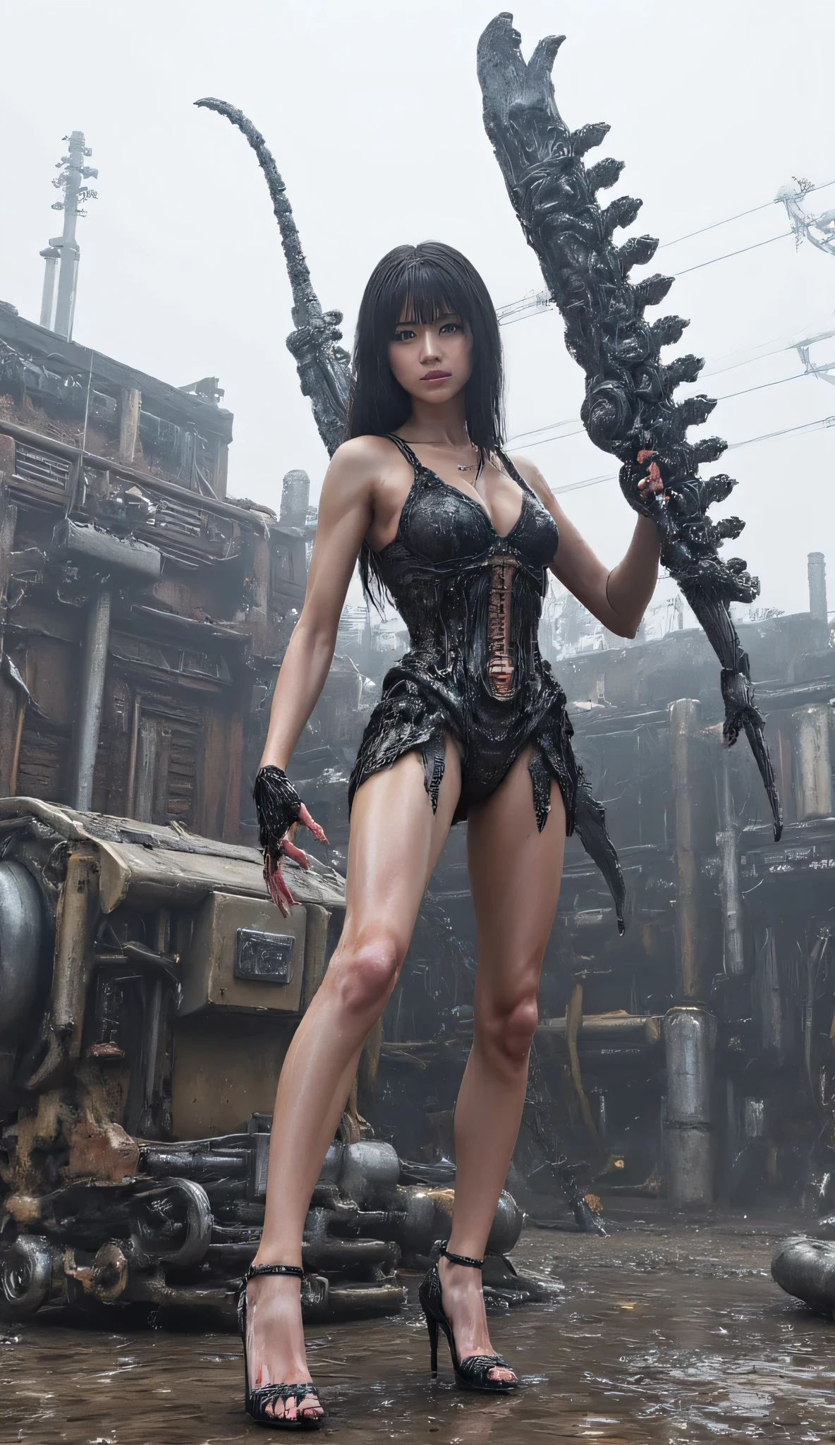 God Eater, a gorgeous Japanese girl in a deep V sheer lace mini dress, stockings, and gorgeous super high heels, standing in a dystopian urban setting, holding a huge, highly detailed mechanical chainsaw-like sword, It's filled with complex mechanical parts, gears and rivets, and is incredibly strong. (((The girl's fragility contrasts sharply with the mechanical chainsaw-like sword))), which adds to its mystery and deterrence. The background is filled with dilapidated buildings and power lines, set against a grey sky, enhancing the desolate and industrial feel of the scene. The overall image exudes a sense of power, danger, and the end of the world. Beautiful face, with super realistic and delicate features. ,Super fine F-GVA mechanical chainsaw sword, the woman raised the weapon and threw it into the air to transform into a huge mechanical Transformers Megatron **Camera movement**: The camera follows the movement of the huge machine and captures the destruction process in real time.