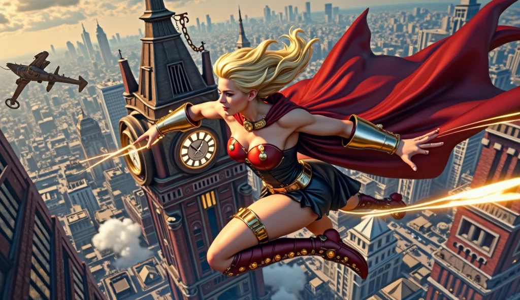 masterpiece, best quality), 8k wallpaper, Very detailed, poster, High quality poster, 21st century , A sexy giant housewife towers over a small city of skyscrapers, cinematic movie poster, Perfect face, Running little man, Giant Woman, Miniature skyscrapers, Wire, Abstract, Mid-Century Modern, movie poster, High quality, Pulp magazine cover, skirt, Lace-up shoes, Blonde, poster风格