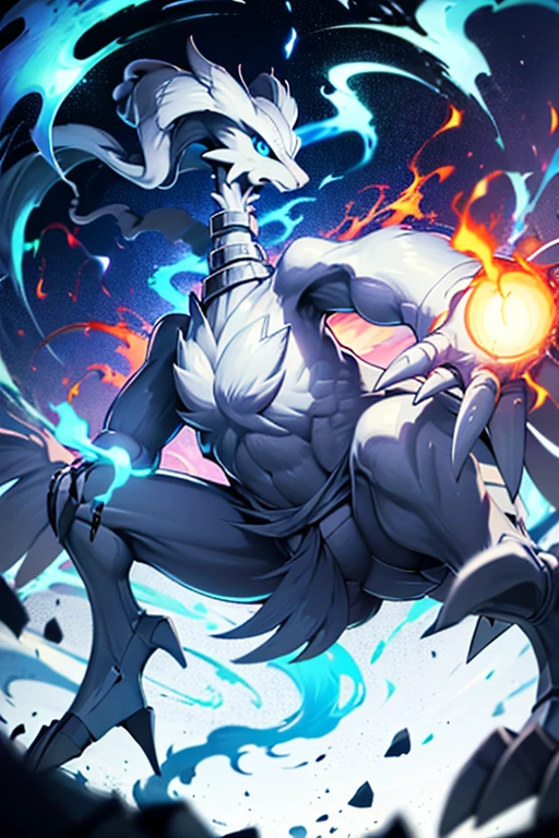 Body and coat: His body is robust and powerful, with mostly white fur. It has several metal plates that cover its body., especially on his extremities and head.
head and face: Solgaleo's head has a metal structure that resembles a crown or helmet. In the center of his forehead there is a golden star-shaped symbol.. His eyes are large and deep blue., with vertical pupils. The mouth shows prominent and sharp fangs.
mane: Her mane is impressive and white with golden tips.. The mane extends outwards and back, giving you a radiant sunshine appearance. between the mane, you can see some light blue strands.
extremities: Their legs are strong and muscular., with sharp claws. The front legs have golden plates that partially cover them., while the rear ones have blue details.
cola: Solgaleo's tail is long and robust, with a golden end that resembles a flash of light.
metal details: throughout your body, especially on his chest and legs, It has metal plates that reinforce its futuristic warrior appearance.
colors: White colors predominate, gold and light blue in its design, with metallic details that shine under the light. And with an erect cock