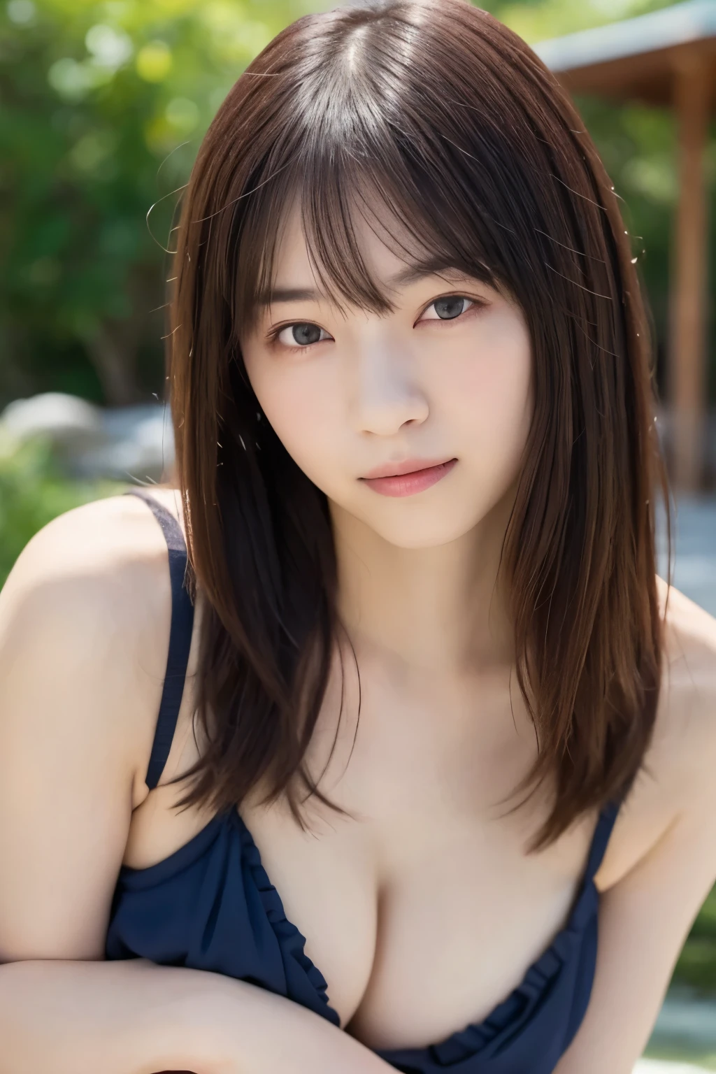 photos、 high resolution、Outdoors、Summer sky、Summer Clouds、Summer Sea、Summer Sea岸、Summer beach、日本人美女の photos、1Beautiful Japanese Girls、 Japanese style、A neat and beautiful woman、24 years old、 cute、 Japanese idol 、Round face、、Fair skin、 clear white skin 、 gentle smile 、細いつり目が cute、Single eyelid、 long, slender eyes、涙袋が cute、Thin nose bridge、 thin lips、 small mouth、 lips are slightly open 、 Natural Makeup、 boyish short hair 、 black hair 、 navy blue micro bikini、Slightly larger breasts :1.3、Soft Breasts、 cleavage