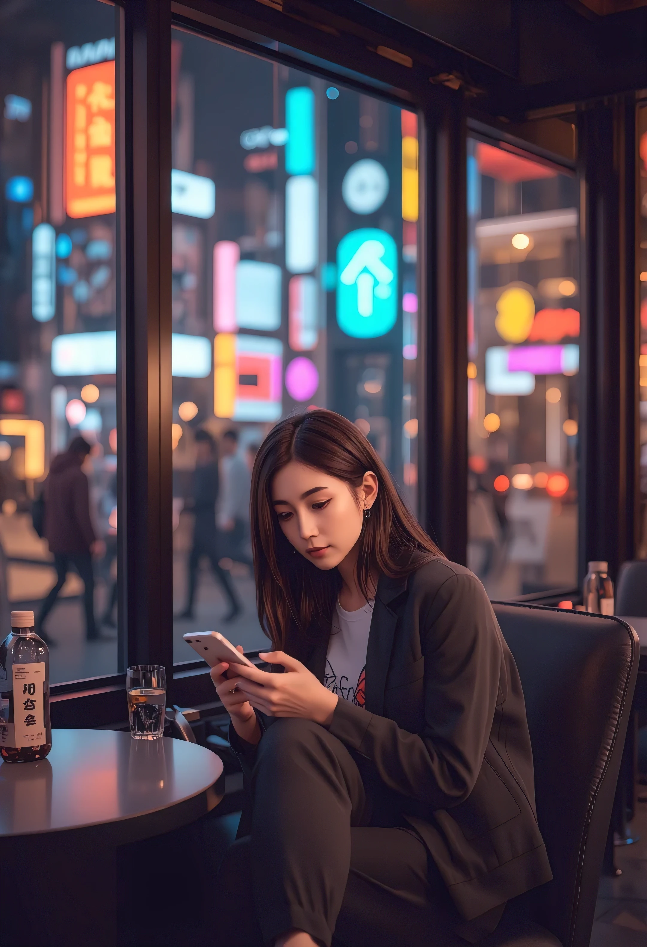 A young East Asian woman in her early 20s with almond-shaped eyes, sitting alone at a cozy café near a city window, where vibrant nightlife unfolds in neon lights. She’s dressed casually, her phone glowing in her hand as she swipes through a dating app, her expression a mix of curiosity and hesitation. The urban energy contrasts with her quiet anticipation. 