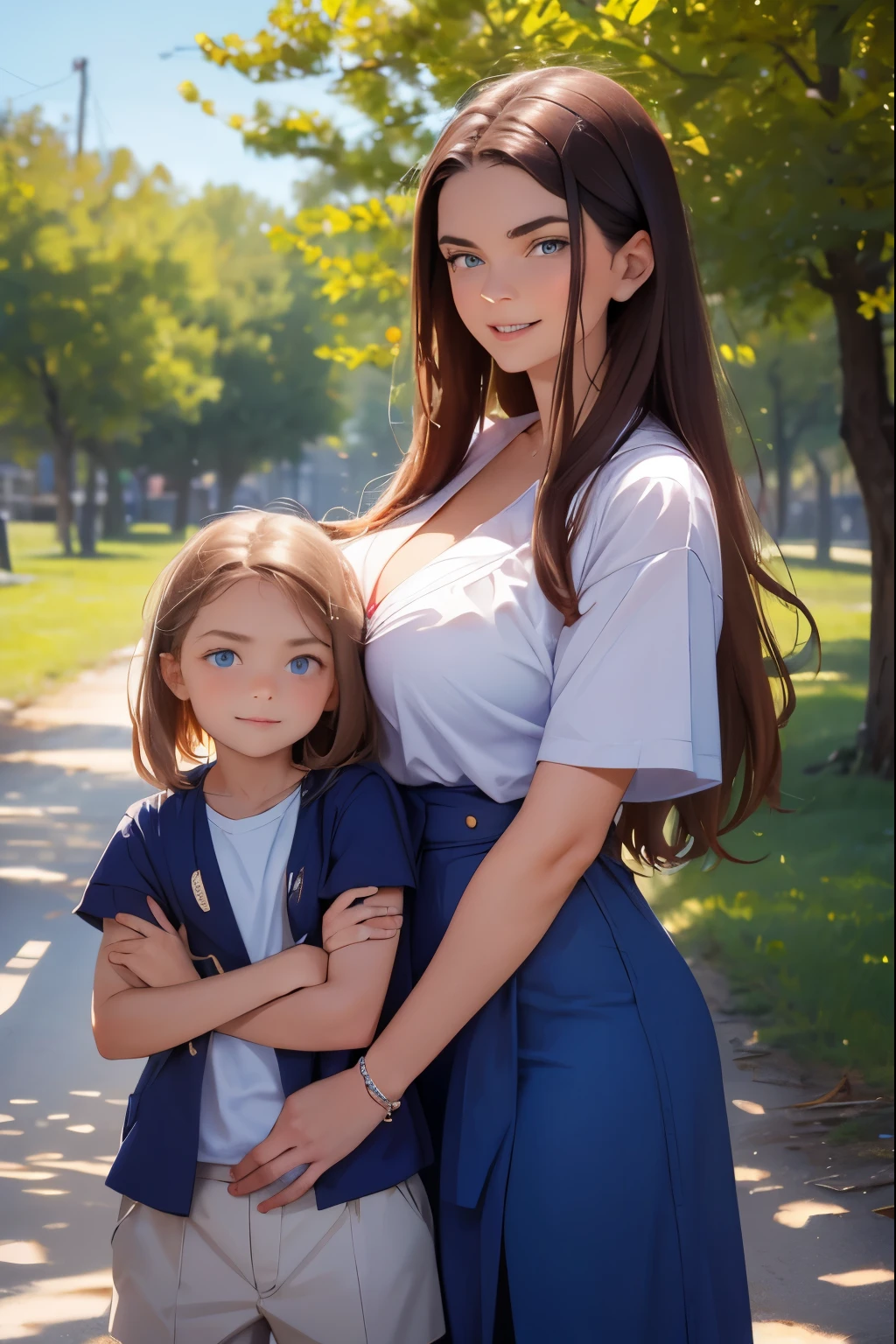 Family photo in a Russian village . There are three people in the photo ( daughter , Mother , father ) . 1- daughter Красивая девушка . She is 20 years old . Breast size 5 . Светлые волосы собраны в косу 2 - Mother красивая женщина похожая на свою daughter . dark hair , brown eyes , size 5 chest .3 - dad . A handsome healthy man - blond with blue eyes . They stand together and smile .