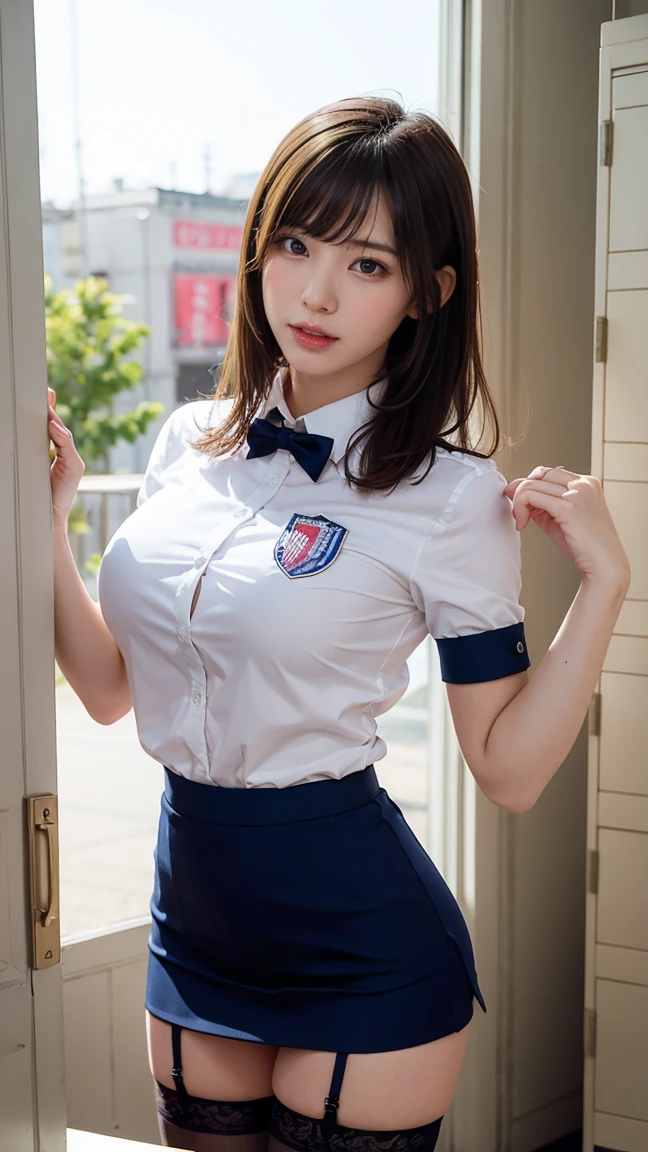 1 Girl,Real person,Actual photo,Realistic, Lunamaria Hawke、, elegant, Tabletop, Complex, パンツが見える超ミニskirtのアーミーピンクのドレス、超ミニskirt、smile、 You can see the pants in a miniskirt、White panties、Realistic, Highest quality, With White Base and Mobile Suit Gundam in the background、Absurd, Plenty of facial detail, Perfect Eyes, 18-year-old, Cowboy Shot, realization、, Bright colors, Pink Uniform, skirt