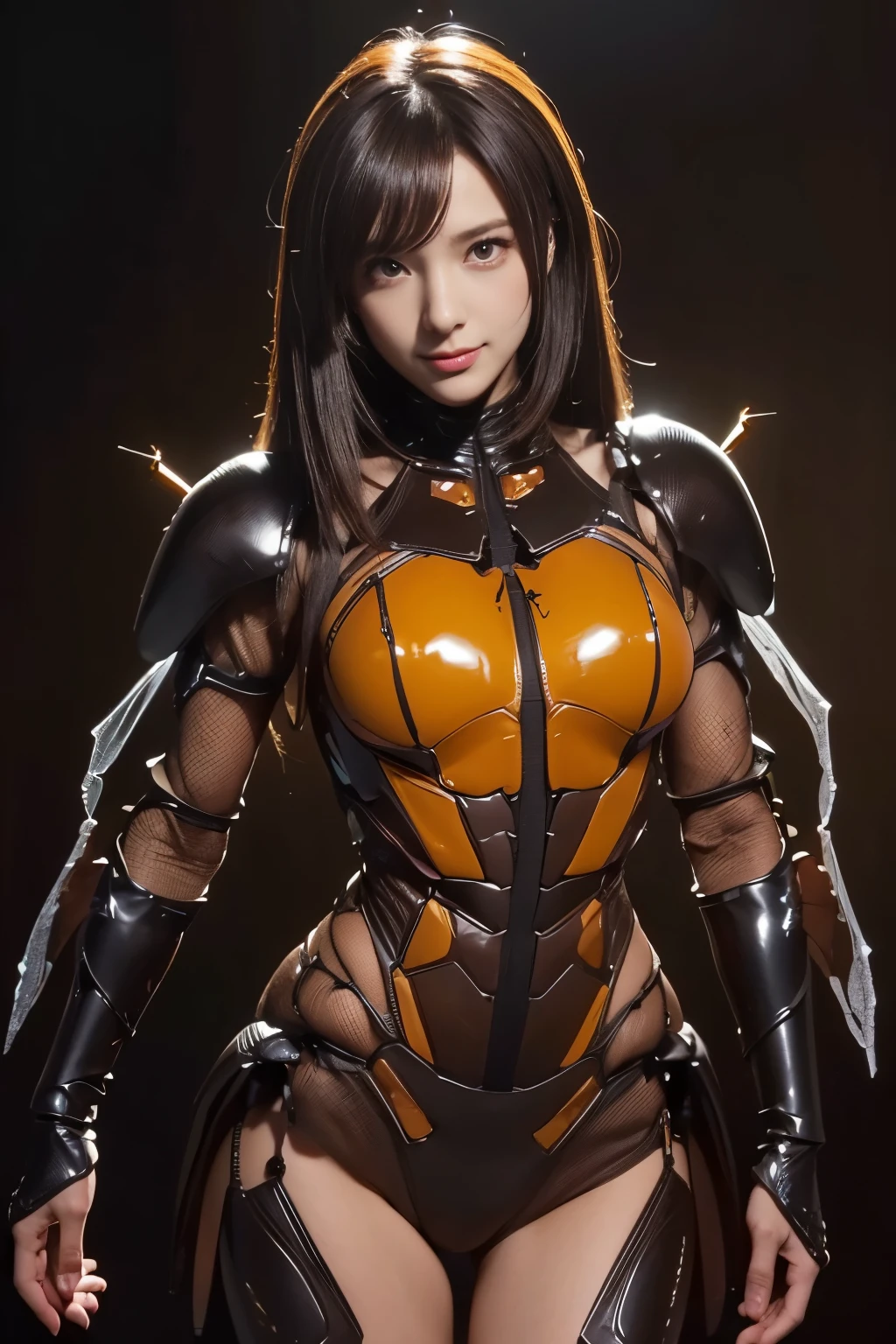 (high resolution,masterpiece,best quality,extremely detailed CG, anime, official art:1.4), realistic, photo, amazing fine details, all intricate, gloss and shiny,awesome many layers, 8k wall paper, 3d, sketch, kawaii, illustration,( solo:1.4), perfect female proportion,villainess, (fusion of dark brown cockroach and lady:1.4), (brown cockroach form lady:1.2), (brown cockroach lady:1.2), (fusion:1.2), (solo:1.4), (evil smile:1.2), muscular, abs, (cockroach brown exoskeleton bio insect suit:1.4), (cockroach brown exoskeleton bio insect armor:1.2), (brown transparency cockroach wing:1.4), (brown cockroach antennae:1.3),