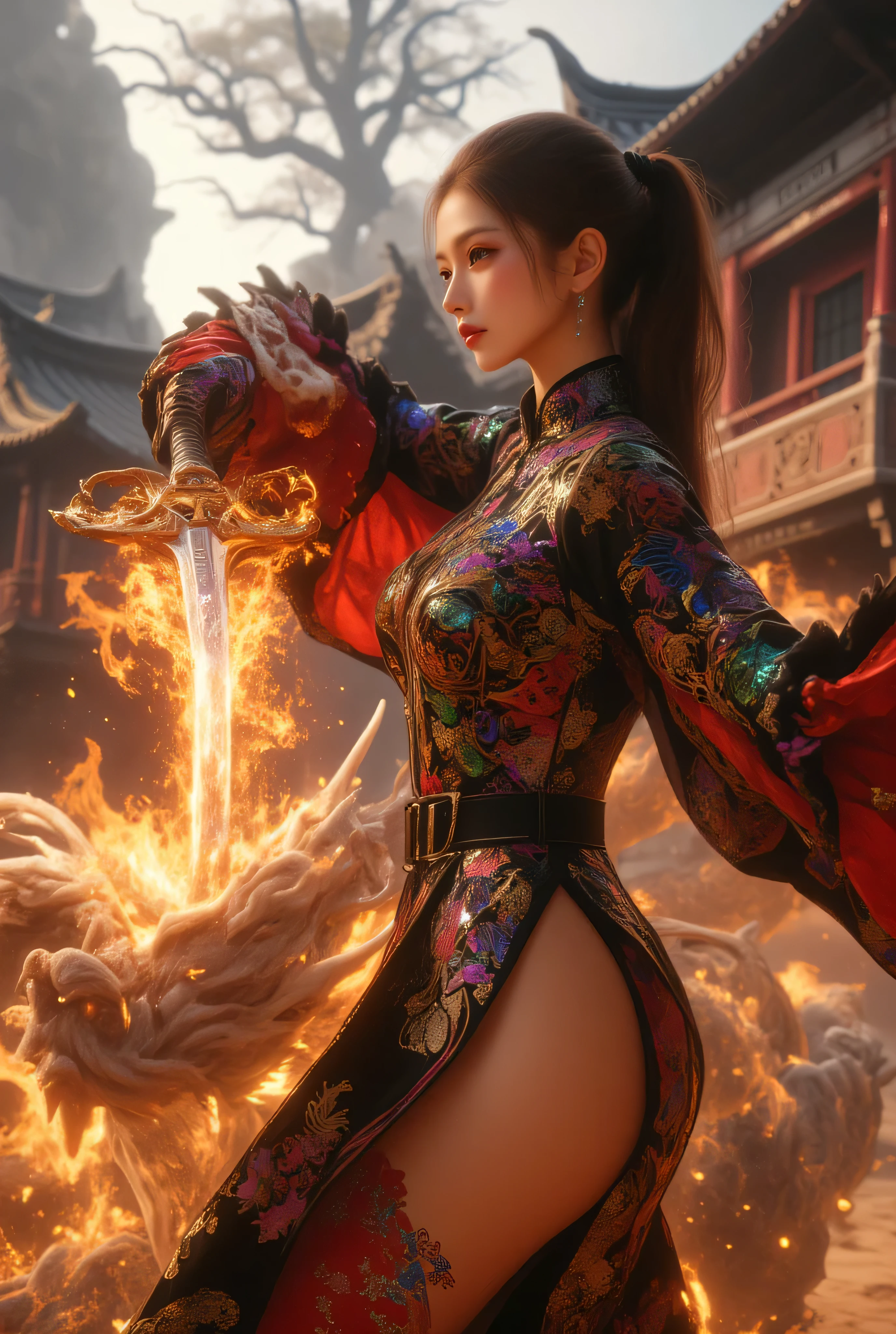 RAW photo, (Random shot, full body in frame, Side view focus, Dutch Angle), ((Asian adult female idol, one-person,) (traditional red base with black-purple-blue-green-silver-golden Chinese dress, one-piece, dark navy, long length, elegant, embroidered, decoration, fascinating,) random posing, stylish, cool, cute, sexy), she fighting Chinese dragon using Chinese steel sword with fire aura around sword , at front ancient Chinese house and buildings, focus on head