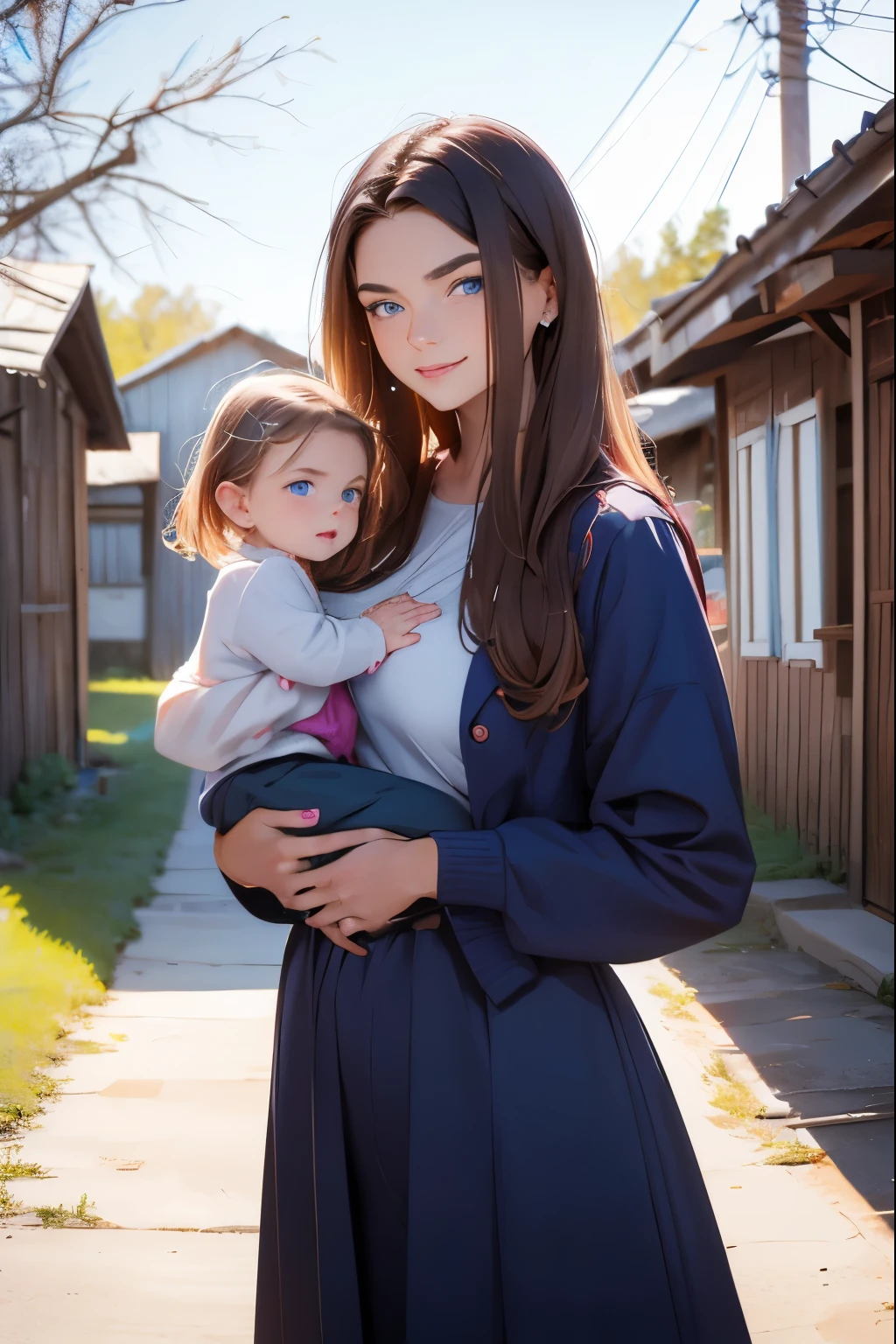 Family photo in a Russian village . There are three people in the photo ( daughter , Mother , father ) . 1- daughter Красивая девушка . She is 20 years old . Breast size 5 . Светлые волосы собраны в косу 2 - Mother красивая женщина похожая на свою daughter . dark hair , brown eyes , size 5 chest .3 - dad . A handsome healthy man - blond with blue eyes . They stand together and smile .
