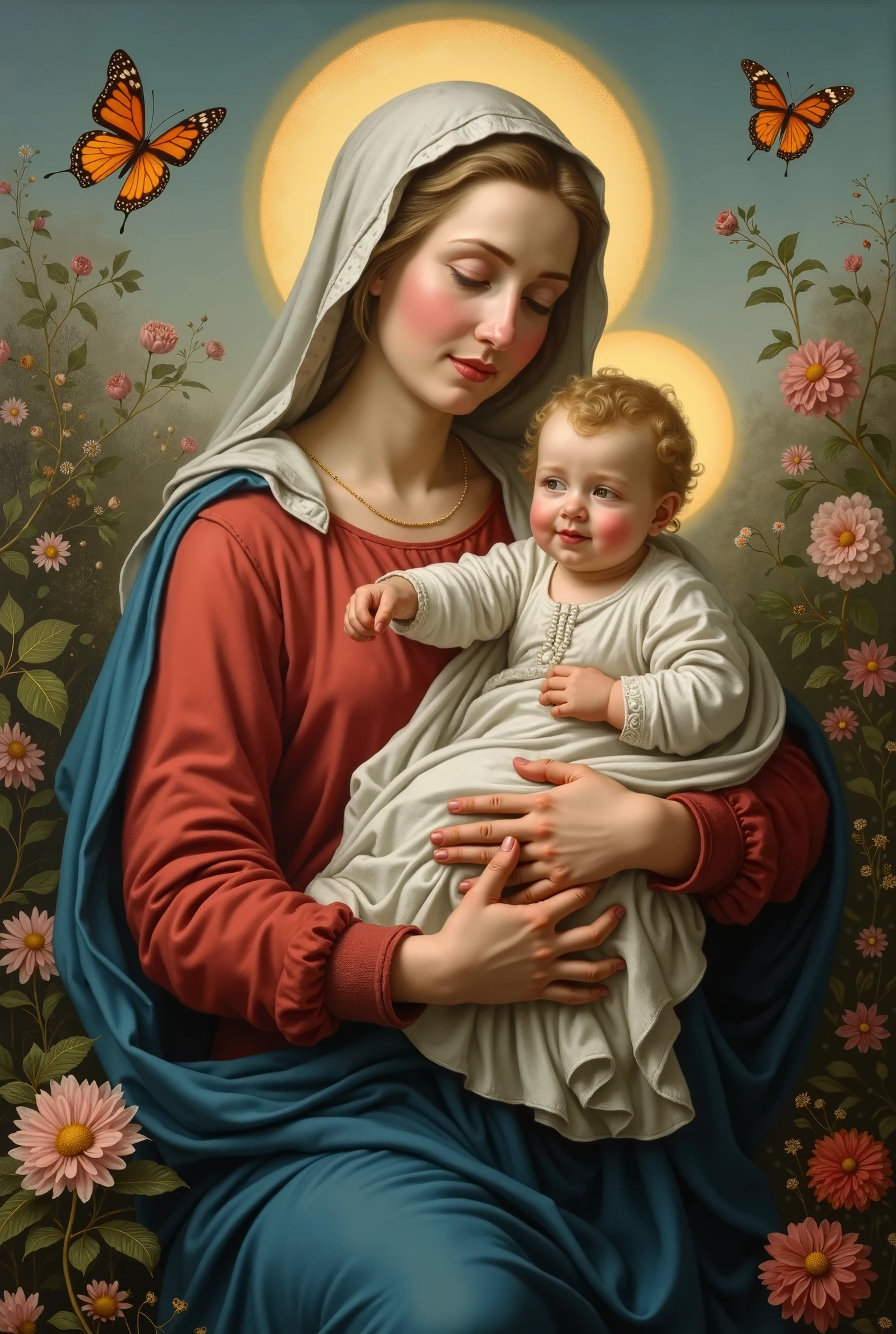 Perfect hand 5 finger, Portrait of a beautiful virgin mary and baby jesus. wearing red clothes of queen and crown shining the light from the head and heart all over in the flower farm, virgin mary and baby Jesus, real blue eyes, sunny day, intricate details.real virgin mary and baby jesus, straight head face, Straight body.Prayer virgin mary and baby jesus, perfect full body, perfect hands finger,Prayer virgin mary and baby Jesus, praying virgin mary and baby Jesus backgrounds natural photographic