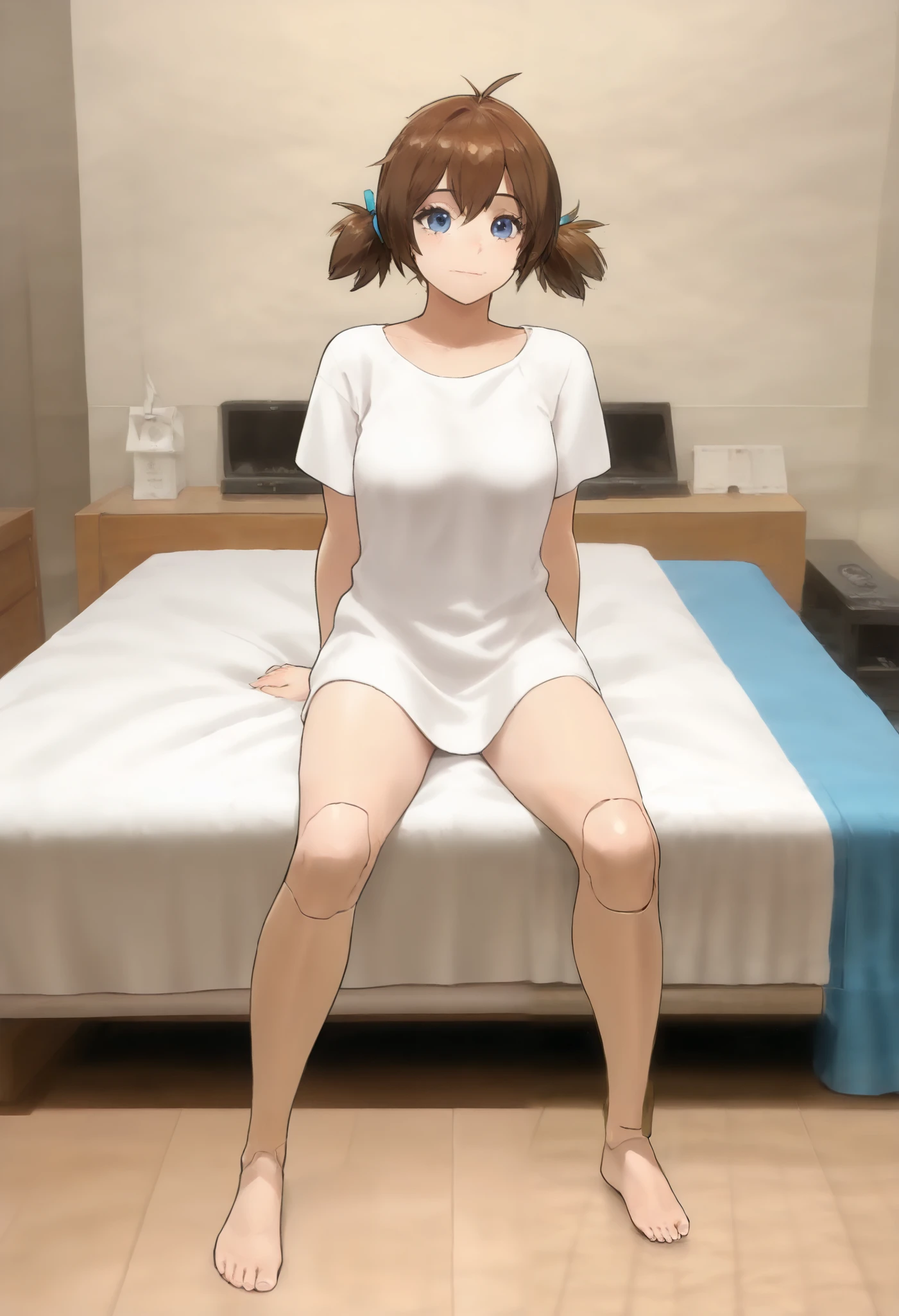 A lady is in the bedroom, detailed assembly design drawing, Middle age, joint seam,full body view, height 160 cm mechanical lady, she gets ecstasy, very short pigtails, brown hair, Hair tie with two big red clothespins, mature, android, blue eyes, full body figure, flushed cheeks, 2020s anime picture, barefoot. She is completely naked. She wears only white long shirt. She arches her back during laying over on the bed.