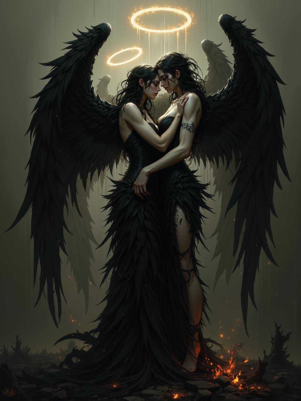 two women in white dresses standing next to each other in water, beautiful gemini good and evil, eros and thanatos, 2 angels, angels, angel versus devil, darius zawadzki and tom bagshaw, artstyle tom bagshaw, villainess has black angel wings, angels and demons, fallen angels, beautiful gemini twins
