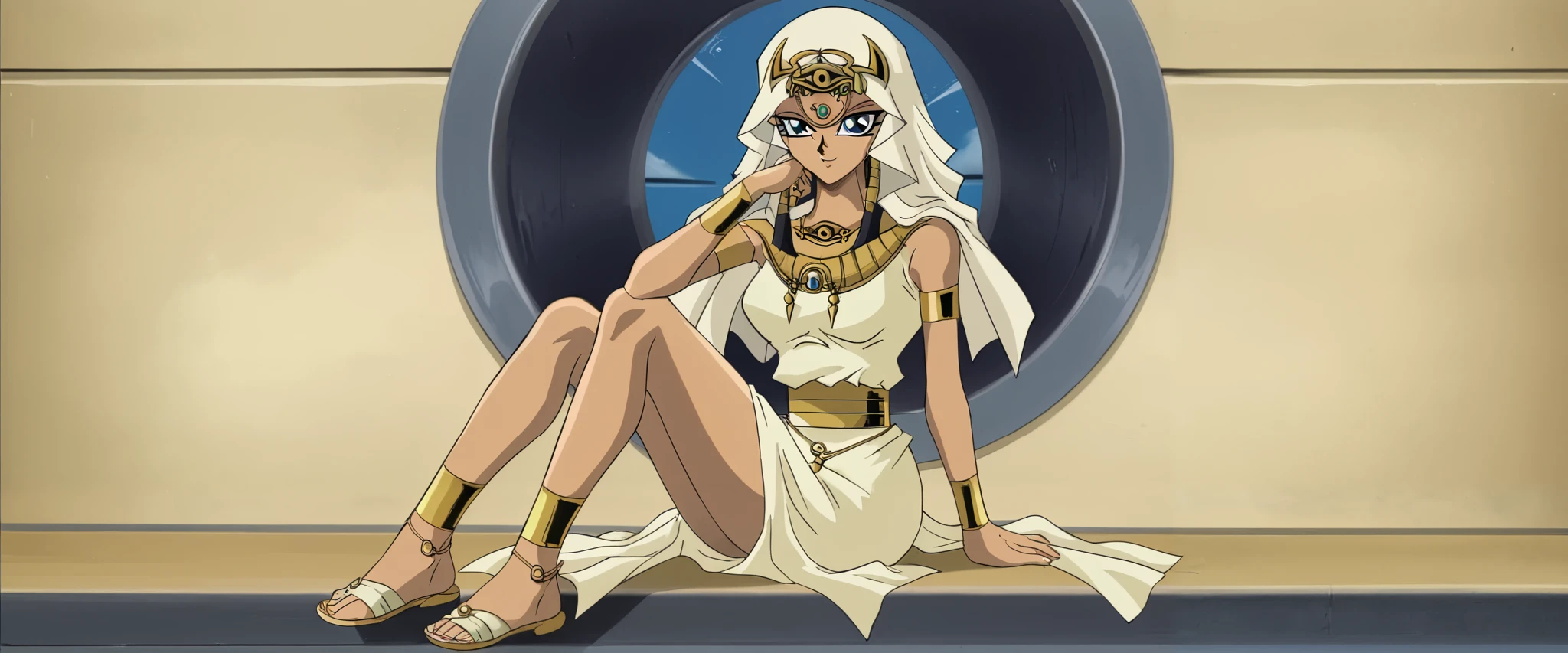 ii,  1 girl, Alone,   retro art style,   black hair,  blue eyes,   hair tube ,  Headscarf , Eye of Horus Headpiece,   forehead jewel, Eye of Horus Necklace , Egyptian Dress ,  armlet,  anklets , Sandals,  full body,  sitting,   legs crossed ,  is staring at viewers, smile, 