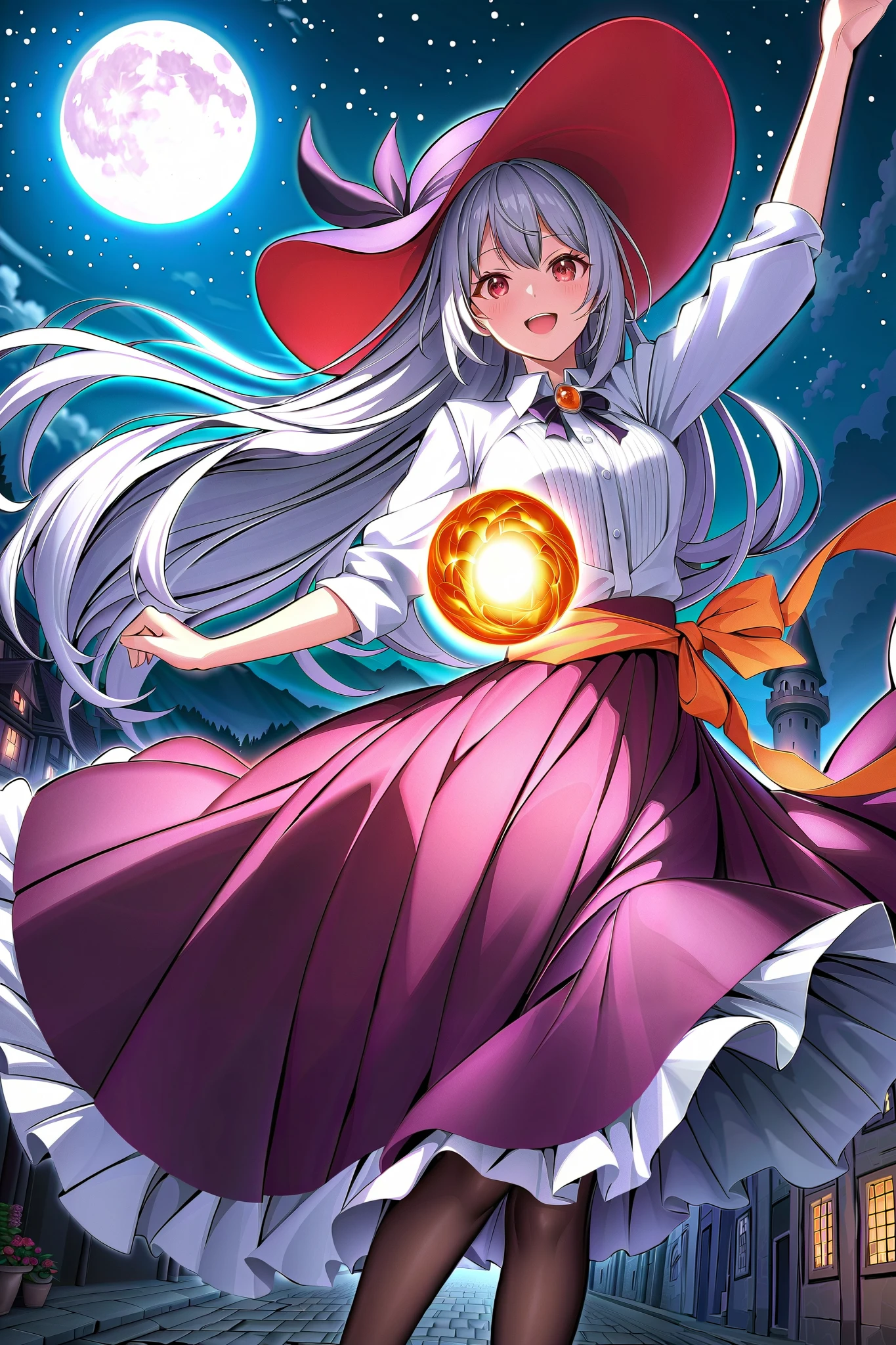 source_anime, Cinematic,1 girl,dancing,A shiny glowing fire ball on the hand,
silver long hair, red eyes,
(A big purple Wide-brimmed hat with an orange ribbon),
dress shirt,black long skirt,black tights,Black high heels,
Brooch on chest, BREAK ,
CASTLE TOWN ON A FULL MOON NIGHT,moonlight,Illuminate the subject,
BREAK ,
beautiful shining transparent red eyes,
eye high light,
smiles,
BREAK ,
COMPLETE ANATOMY,insanely detailed,masterpiece,best quality,ultra-detailed eye,very aesthetic,absurdres,