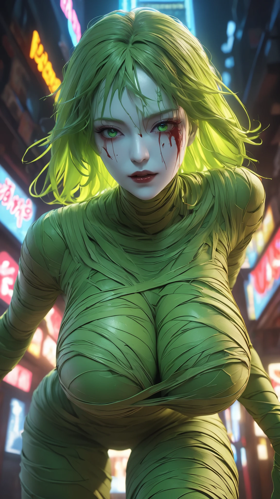 woman、The green mummy man,  white skin:1.3、Mist of Blood,  ray tracing, Masterpiece,ultimate、  top quality ,  super quality next to each other , irrational detail , best light,  sharp,  sharp image,,  Details, extremely  Details,  high resolution, 16k, 超 high resolution,  particle effect , Beautiful Effects,  bright color ,  neon light,  neon, light, close-up、  super huge breasts :1.5 、Extra thin waist :1.5、   ultra-realistic textured face and skin、 photorealistic、Original photo、Unconventional、 dynamic motion:1.2、 on all fours、 beautiful symmetrical face 、 overhead shot :1.2、