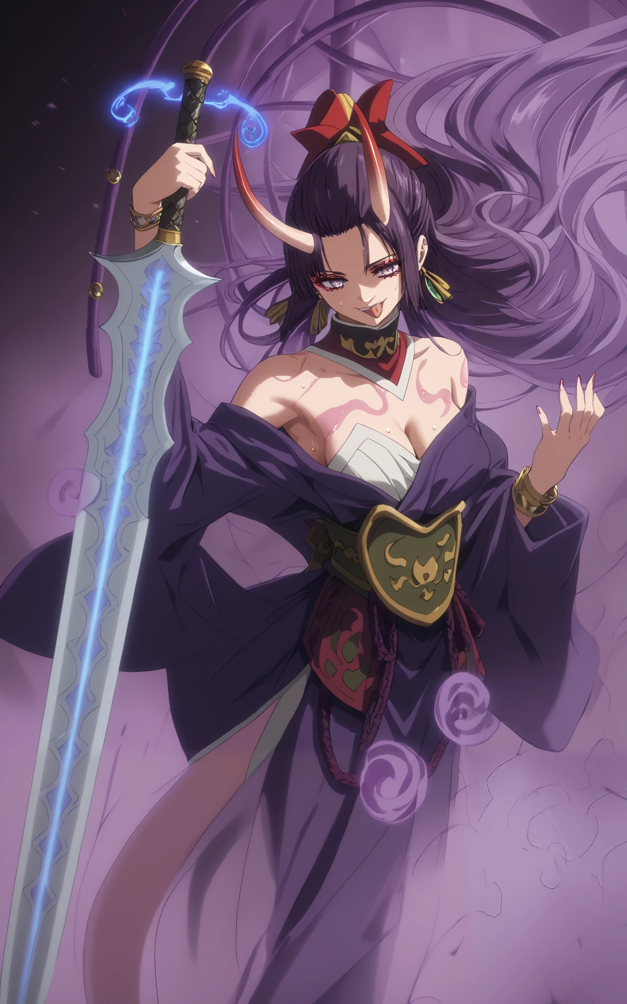 Takahiro style, score_9, score_8_up, score_7_up, score_6_up, uncensored, SHIKOKU_(MATO_SEIHEI_NO_SLAVE), purple hair, purple eyes, slit pupils, long hair, hair bow, red bow, ((parted bangs)), ribbon trim, ((half updo hair)), straight hair, medium breasts, bright pupils, anime coloring, anime screencap, (voluptuous:1.3), (thick:1.3), BREAK UHD, retina, masterpiece, accurate, anatomically correct, textured skin, super detail, high details, high quality, award winning, best quality, highres, 4K, excessive sweating, sweating, sweating drop, (gasping, heavy breathing:1.3), (skindentation:1.2), perfect eyes, beautiful eyes, eyelashes, makeup, detailed body, perfect body, BREAK, eyeliner, breasts, makeup, japanese_clothes, magatama, weapon, sword, kimono, bare_shoulders, smile, tail, looking_at_viewer, jewelry, navel, wide_sleeves, purple_kimono, tongue_out, cleavage, earrings, tongue, sash, thighs, revealing_clothes, bracelet, obi, detached_sleeves, collarbone, smirk, off_shoulder, (aura:1.4), oni, oni horns, multiple horn, glow effect, glowing