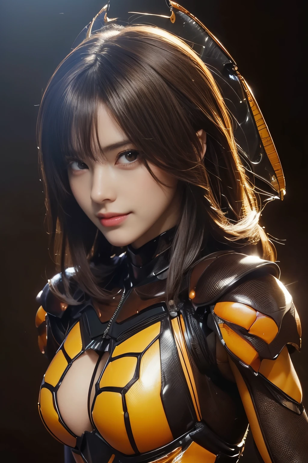 (high resolution,masterpiece,best quality,extremely detailed CG, anime, official art:1.4), realistic, photo, amazing fine details, all intricate, gloss and shiny,awesome many layers, 8k wall paper, 3d, sketch, kawaii, illustration,( solo:1.4), perfect female proportion,villainess, (fusion of dark brown cockroach and lady:1.4), (brown cockroach form lady:1.2), (brown cockroach lady:1.2), (fusion:1.2), (solo:1.4), (evil smile:1.2), muscular, abs, (cockroach brown exoskeleton bio insect suit:1.4), (cockroach brown exoskeleton bio insect armor:1.2), (brown transparency cockroach wing:1.4), (brown cockroach antennae:1.3),