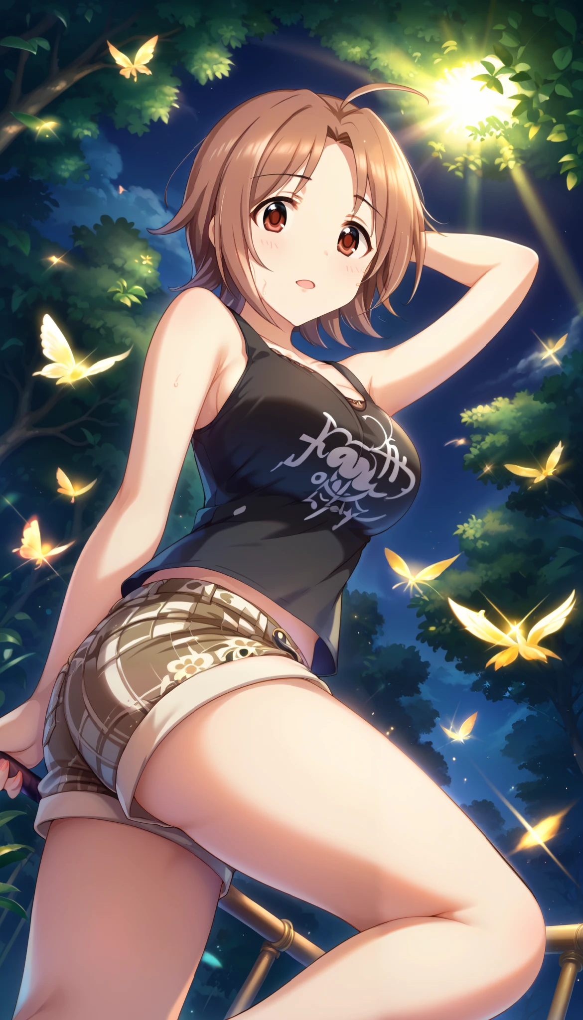 (((Saitou Youko )))、 black tank top 、 shorts、(((Close-up)))、night、 Jungle、((( thighs)))、(( low angle))、((brown hair))、 short hair、 Ulchan-6500-v1.1, ( RAW photos :1.2),  beautiful detailed,  very detailedな目 美しい目, beautiful eyes、 brown eyes、  large file size ,  high resolution,  very detailed,  top quality, [ Masterpiece:1.6], Awareness-raising,  very detailed, CG, finely,  top quality, 8K wallpaper,  Perfect Body、 dynamism 、 very detailed