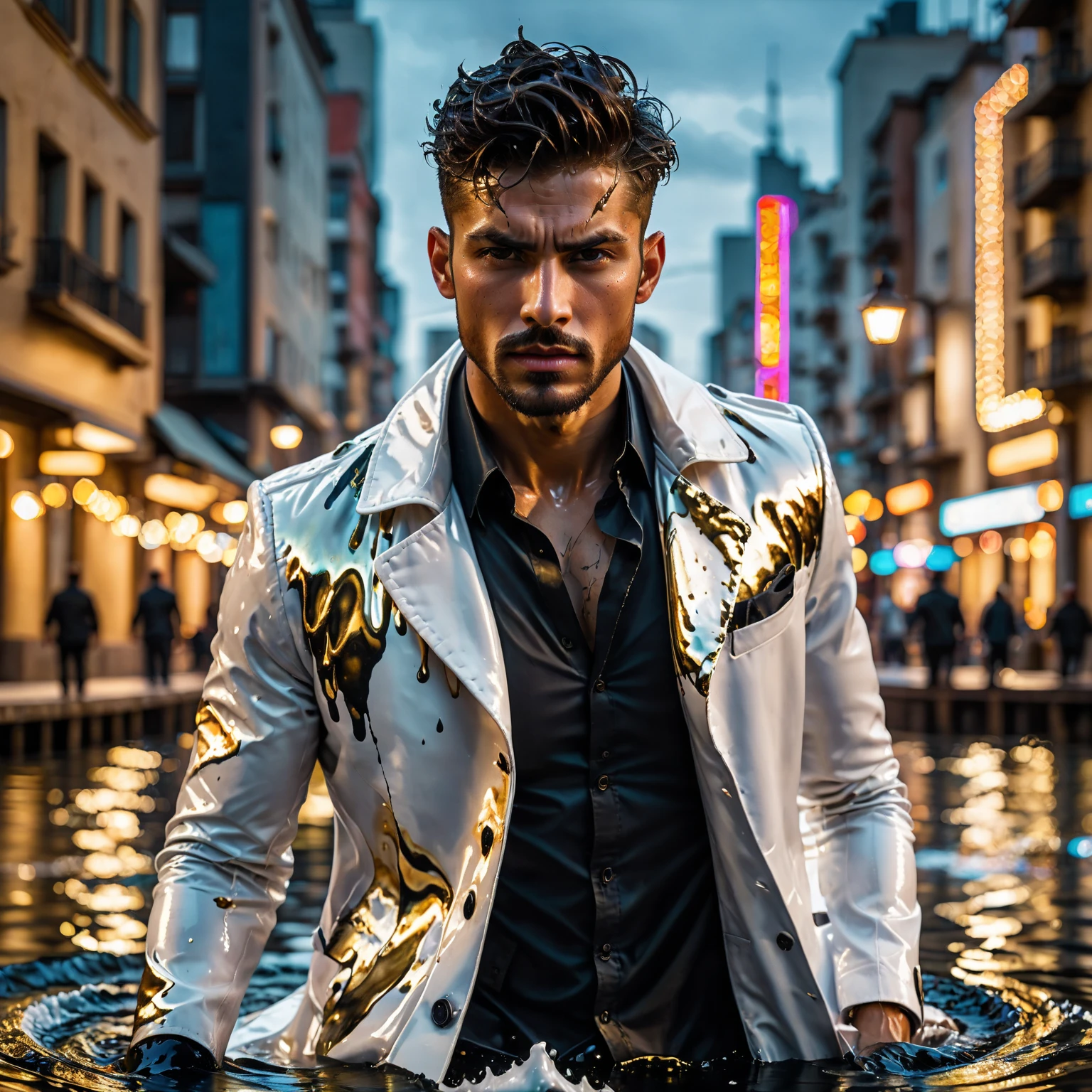 Una imagen de stock de un hombre elegante en una calle.. la calle es muy lujosa, The sky is dramatic and neon colored.. tiro de cuerpo completo
