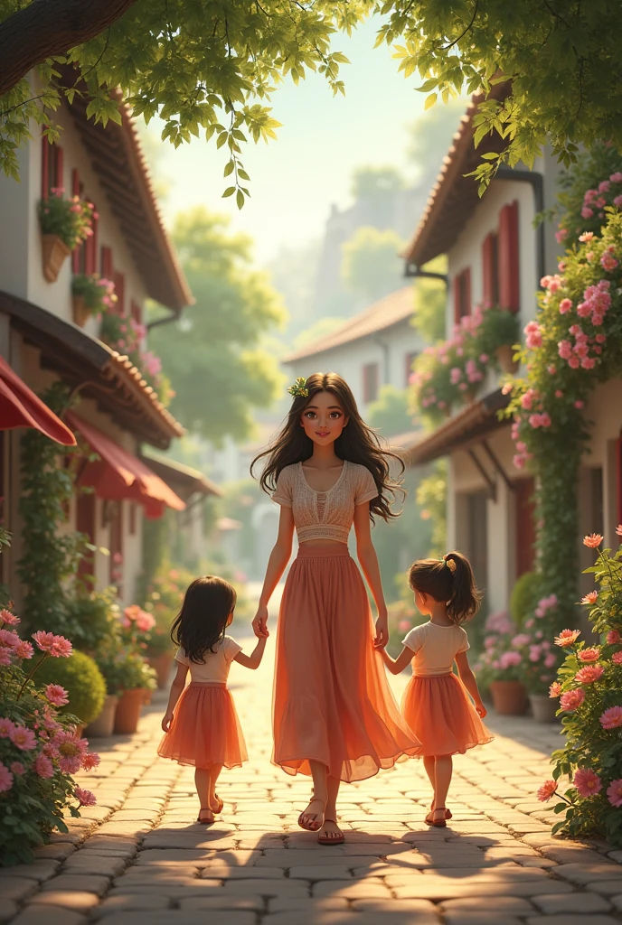 A woman in a square with twin children