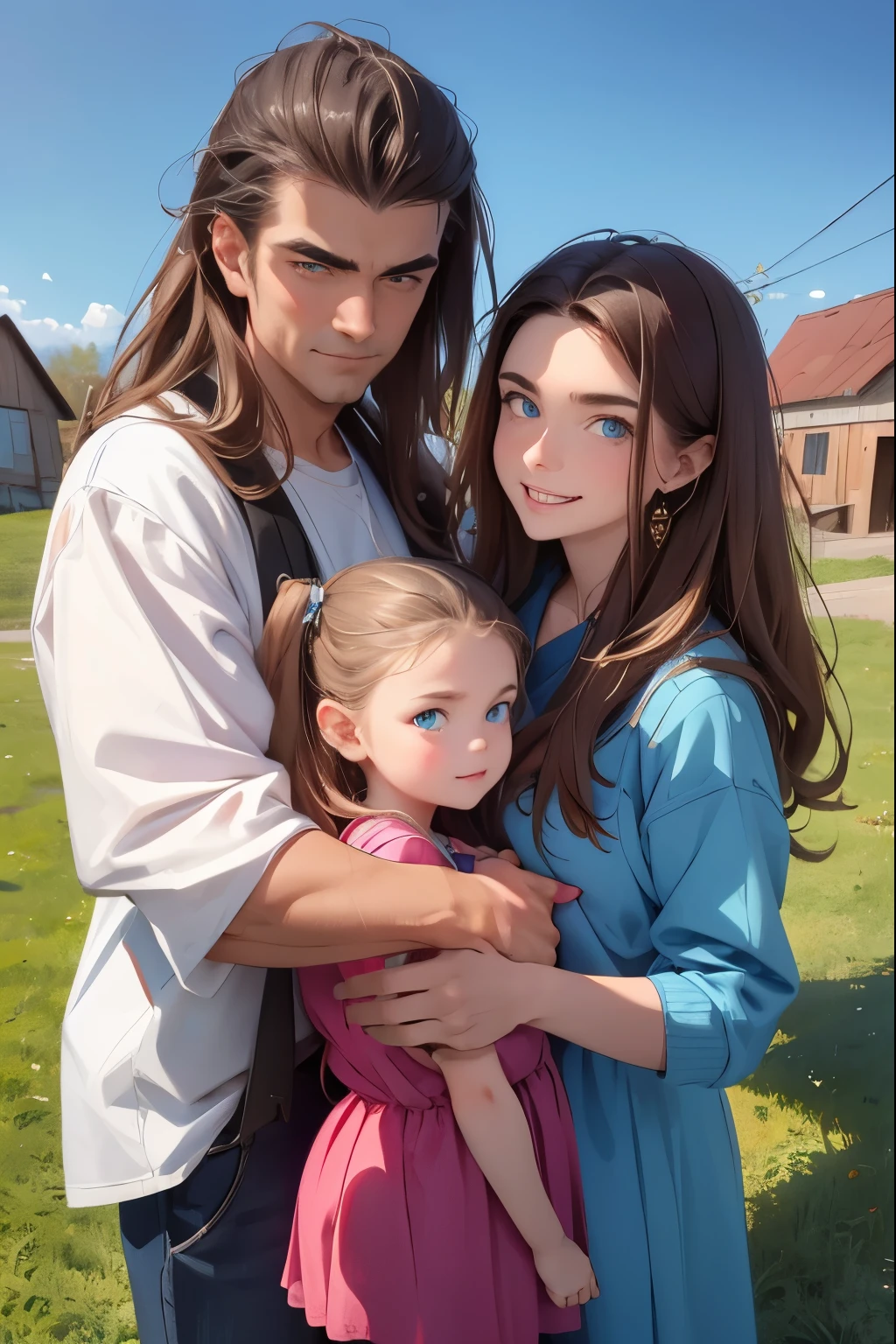 Family photo in a Russian village . There are three people in the photo ( daughter , Mother , father ) . 1- daughter Красивая девушка . She is 20 years old . Breast size 5 . Светлые волосы собраны в косу 2 - Mother красивая женщина похожая на свою daughter . dark hair , brown eyes , size 5 chest .3 - dad . A handsome healthy man - blond with blue eyes . They stand together and smile .