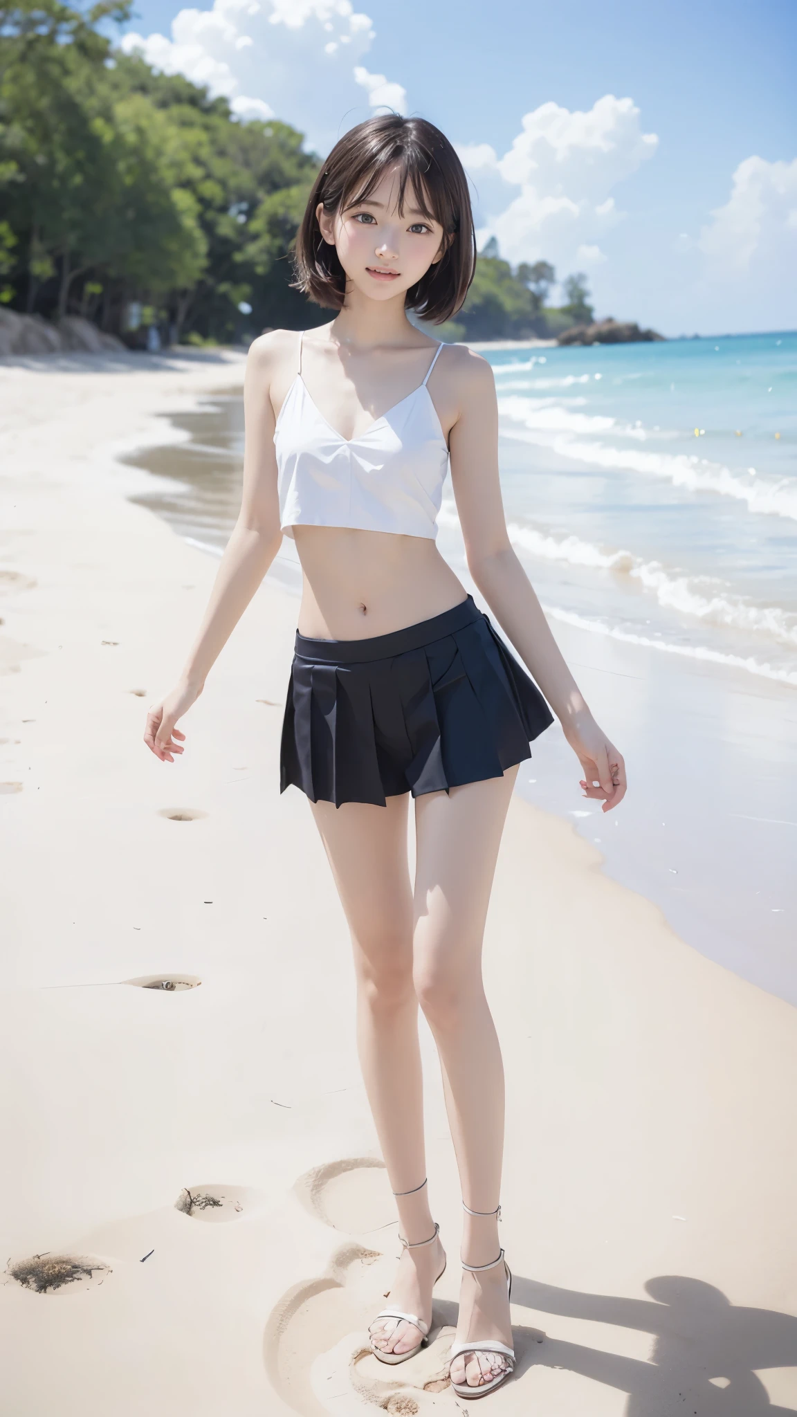 (Highest quality, 4K, 8k, High resolution, masterpiece:1.2), Very detailed, Picturesque, Animated Photography, Photo Animation:1.37)、A Japanese girl、(Pink Hair)、(Pixie Cut)、(Black underwear)、bikini、(bikini color:random)、black cheokr、 on beach、smile、waist up、Full body photography、Nakano ichika

