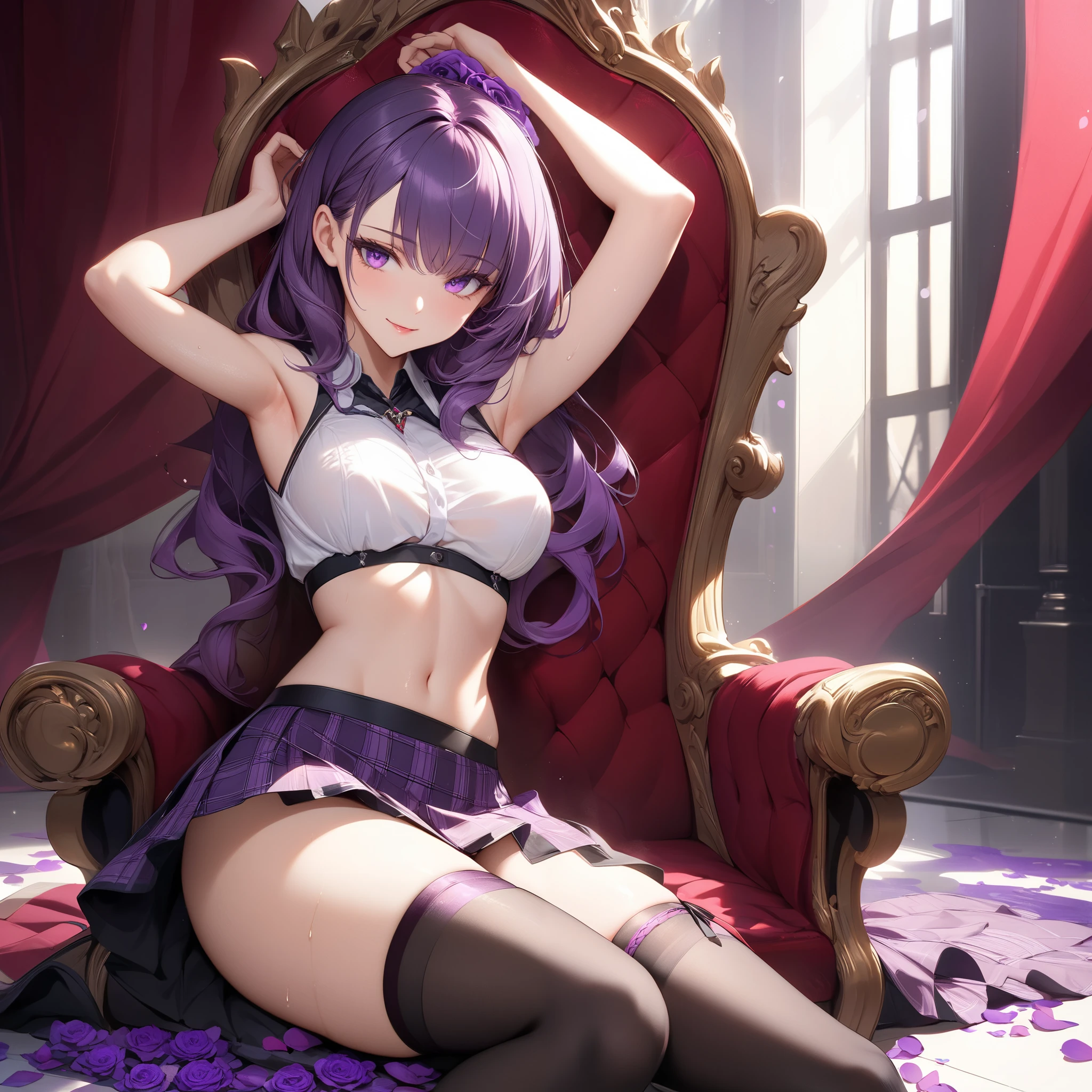 Black long straight hair, straight hair, elegant woman, noble woman, beautiful, female protagonist, bright purple eyes, manhwa, wicked smile, cunning, mocking eyes, playing chess, legs crossed, dark purple elegant dress, dark pallete, chess pov, 15 years old, conservative dress,