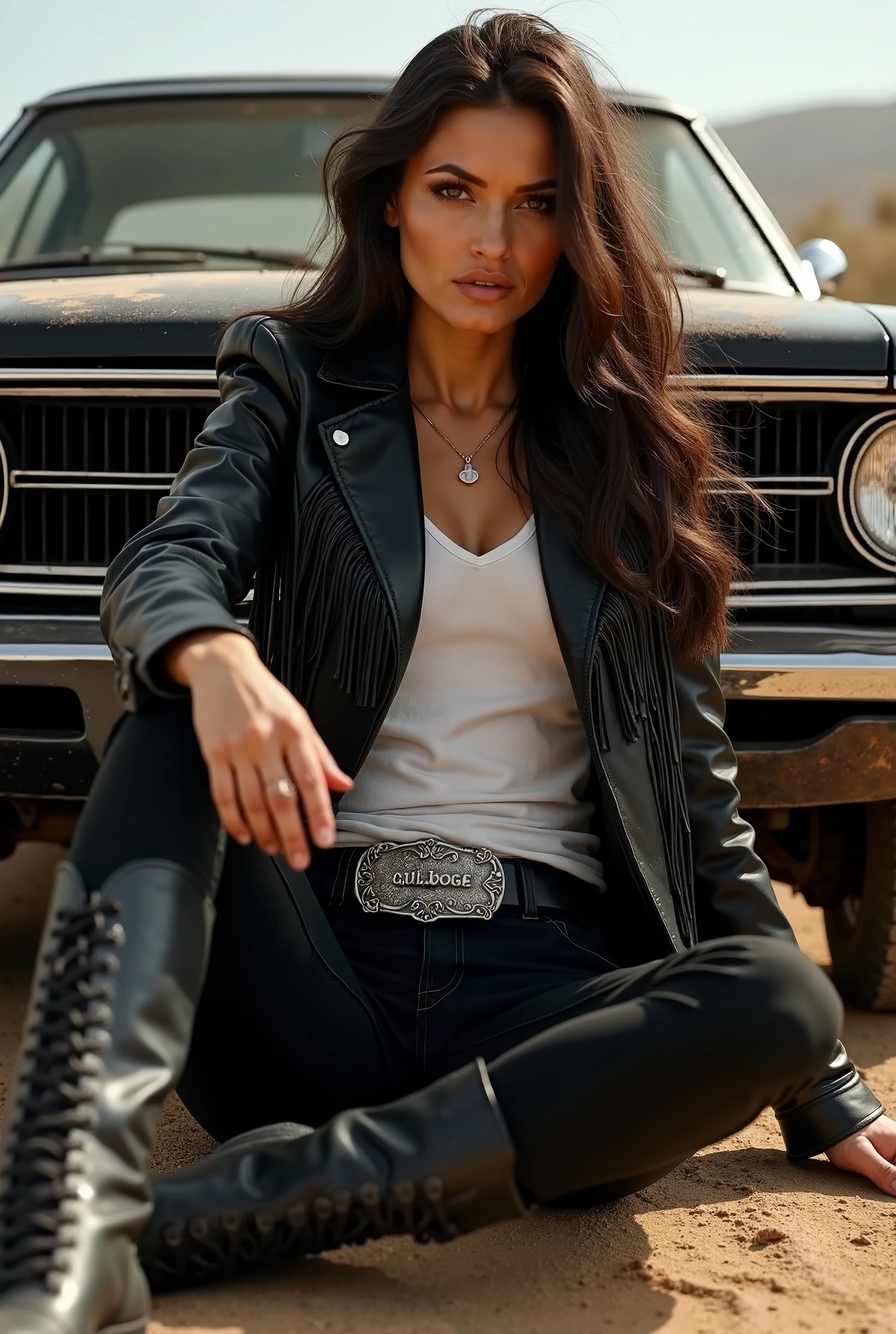 Cena em uma loja de motocicletas, mulher , black long hair, sitting behind the desk , camisa azul e preta, sorrindo