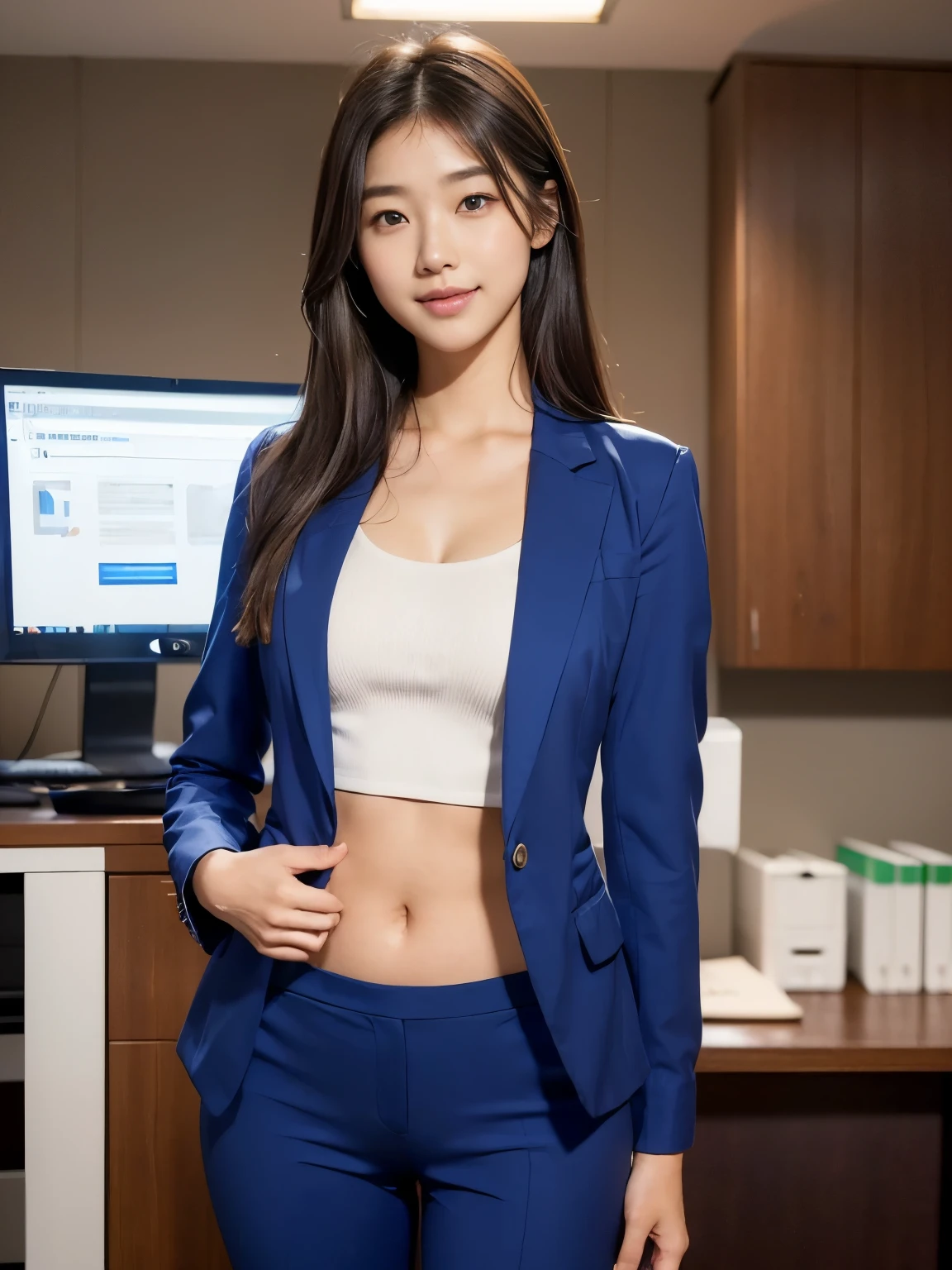 (8K high image quality), (top-quality), (RAW image quality),(masutepiece:1.2), (Realistic), (Photorealistic:1.37), largeeyes,long eyelasher,Precise action and realistic style),The Ultimate Face,Photorealistic, Light and shadow,Clear facial features,milky skin,Fair skin, highdetailskin,Realistic skin details,Visible Pore,(Super Detail),Hair length is random, (Flowing hair),Best portraits,Shot from a short distance, Only one girl, Cute,Beautiful detailed eyes, beautiful detailed nose, highlydetailed skin) ,(Beautiful face with double eyelids), (Realism: 1.4),,delicate and beautiful face,,25-years old,(Beautiful Face 1.4),A slender, (An office lady wearing a suit jacket:1.2),((In the company,wide々and office)),,Medium Hair,,((An office lady wearing a suit jacket)),Very beautiful legs,(((Smile at your audience)),(Stand up and show off your panties),(Wearing black panties),Standing like a model,Bra Exposure