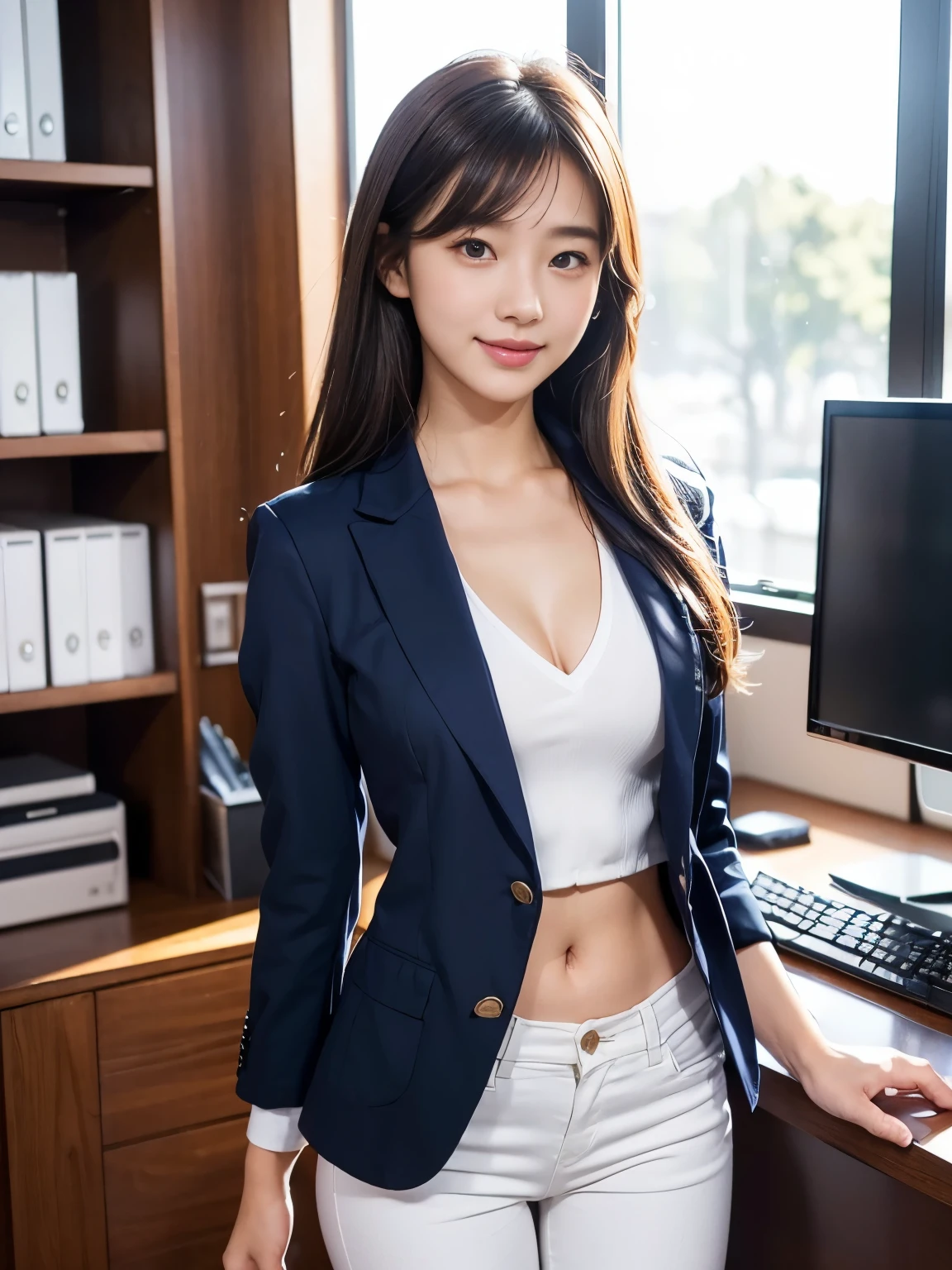 masterpiece、超High resolution、She is very cute and young like an idol..々A cute 18-year-old businesswoman、Gentle and cute、A kind smile、A business jacket that shows off cleavage、Medium Bust、Business Mini Skirt、Working in a building office Sitting in a chair ((Panties are visible from the miniskirt))、((whole body))、RAW Photos、Genuine、High resolution、live-action