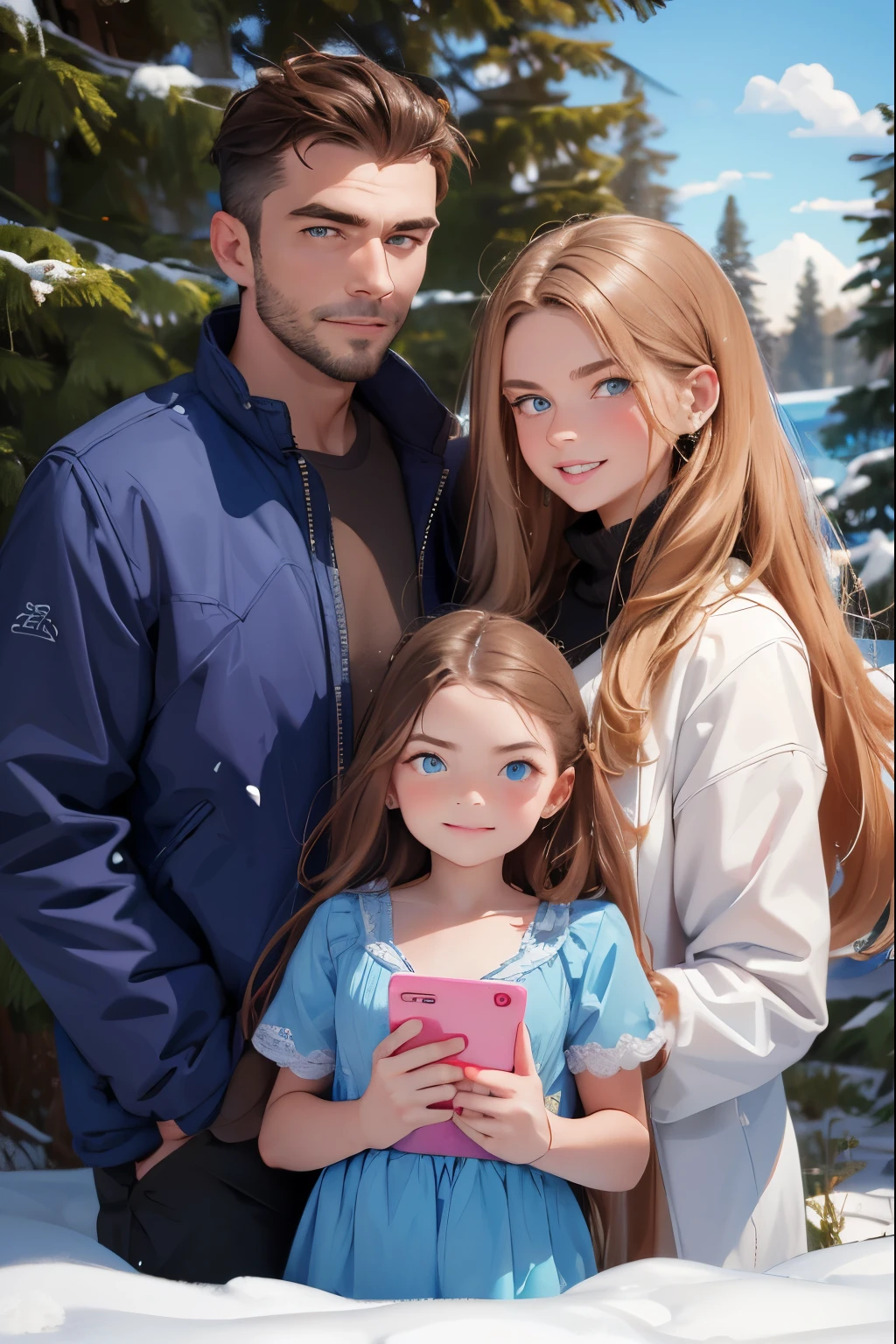 Family photo in a Russian village . There are three people in the photo ( daughter , Mother , father ) . 1- daughter Красивая девушка . She is 20 years old . Breast size 5 . Светлые волосы собраны в косу 2 - Mother красивая женщина похожая на свою daughter . dark hair , brown eyes , size 5 chest .3 - dad . A handsome healthy man - blond with blue eyes . They stand together and smile .