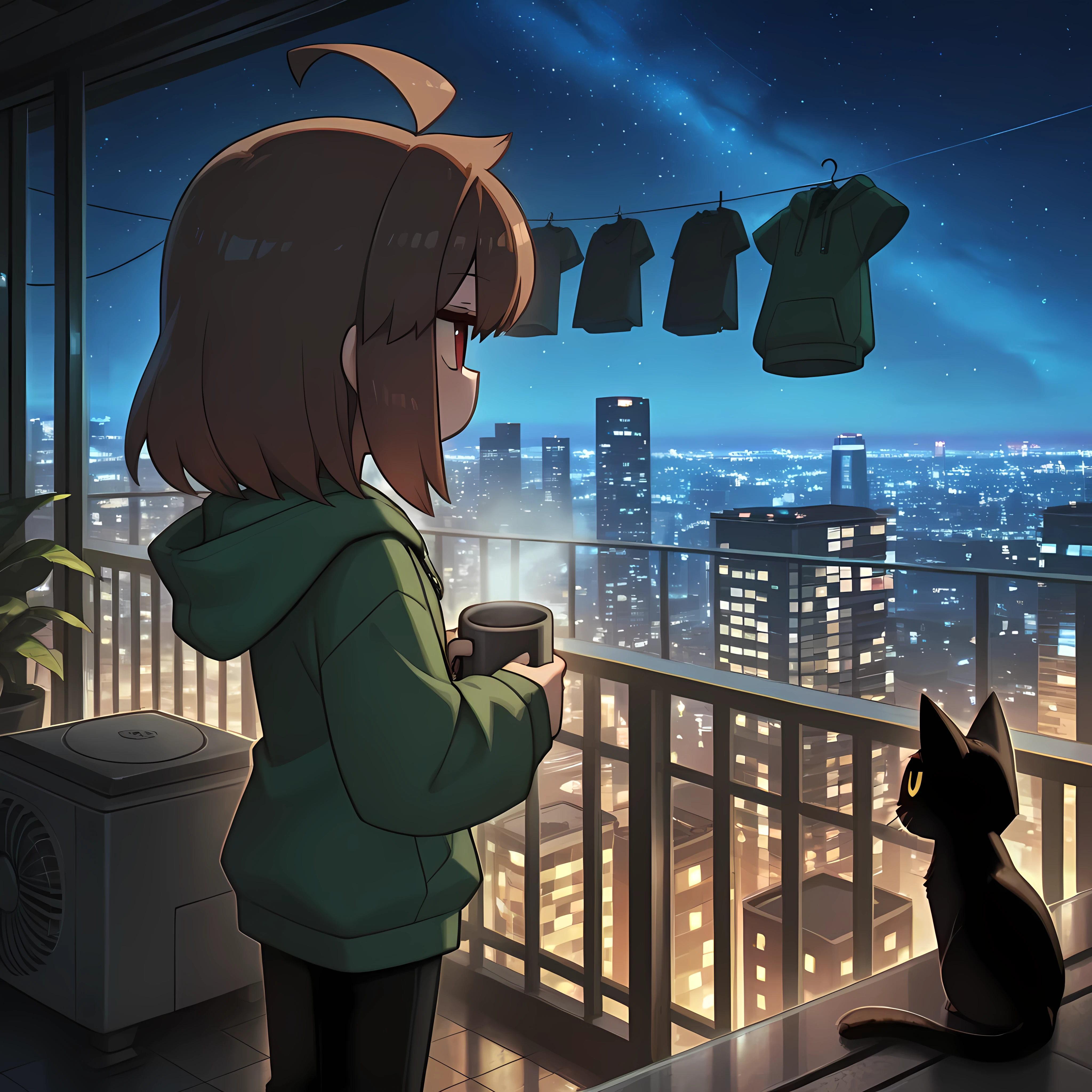 masterpiece, best quality, amazing quality, very aesthetic, high resolution, ultra-detailed, absurdres, newest, Anime screencap, highly detailed, high quality, hyper-Detailed, mistico_IL. BREAK. 
1girl, solo, short hair, shirt, brown hair, long sleeves, red eyes, holding, standing, ahoge, outdoors, sky, pants, hood, bag, cup, hoodie, night, black pants, animal, hood down, cat, plant, holding cup, building, 1other, star \(sky\), night sky, starry sky, jitome, mug, city, railing, potted plant, cityscape, black cat, clothes hanger, green hoodie, balcony, air conditioner, laundry, clothesline