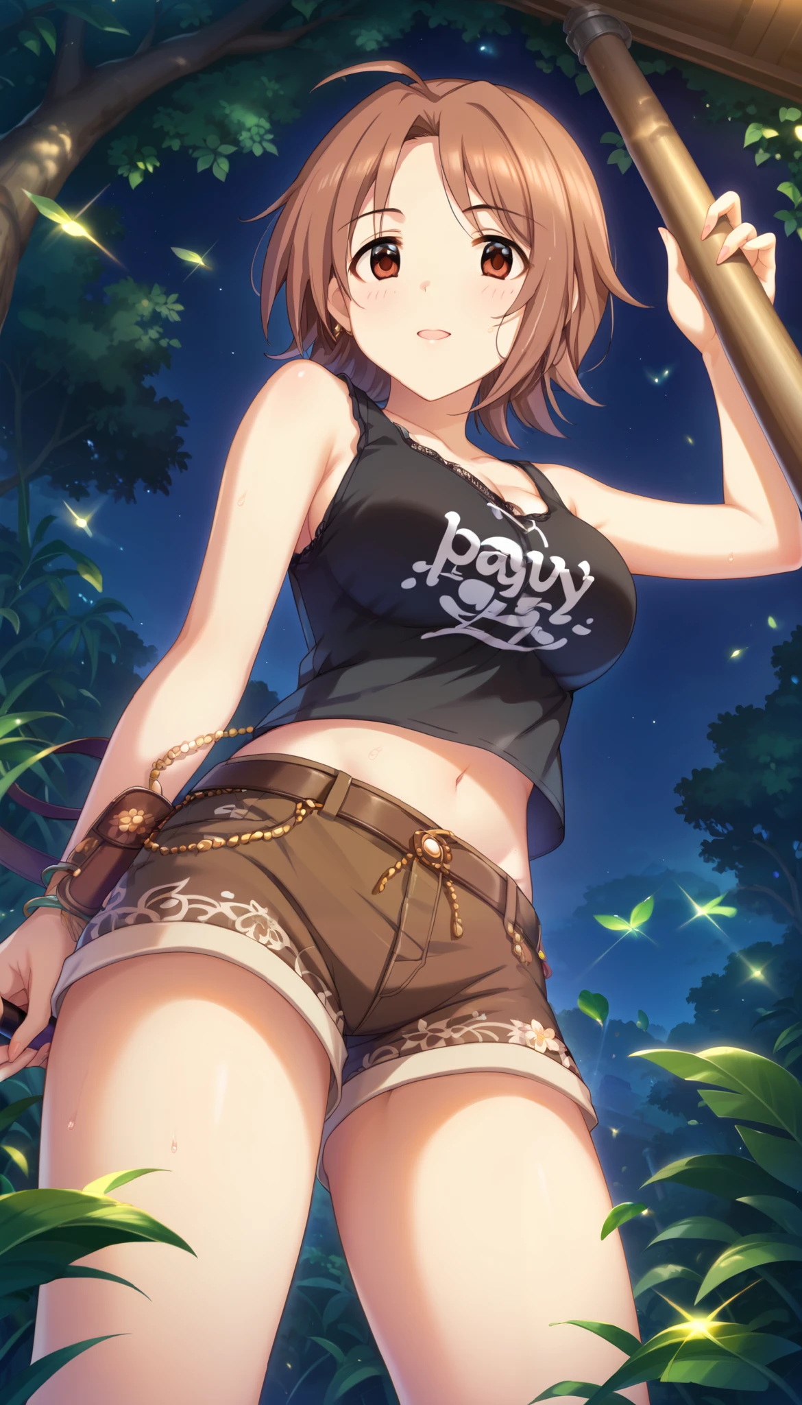 (((Saitou Youko )))、 black tank top 、 shorts、Belly button exposed、 sits on the ground、(((Close-up)))、night、 Jungle、((( thighs)))、(( low angle))、((brown hair))、 short hair、 Ulchan-6500-v1.1, ( RAW photos :1.2),  beautiful detailed,  very detailedな目 美しい目, beautiful eyes、 brown eyes、  large file size ,  high resolution,  very detailed,  top quality, [ Masterpiece:1.6], Awareness-raising,  very detailed, CG, finely,  top quality, 8K wallpaper,  Perfect Body、 dynamism 、 very detailed