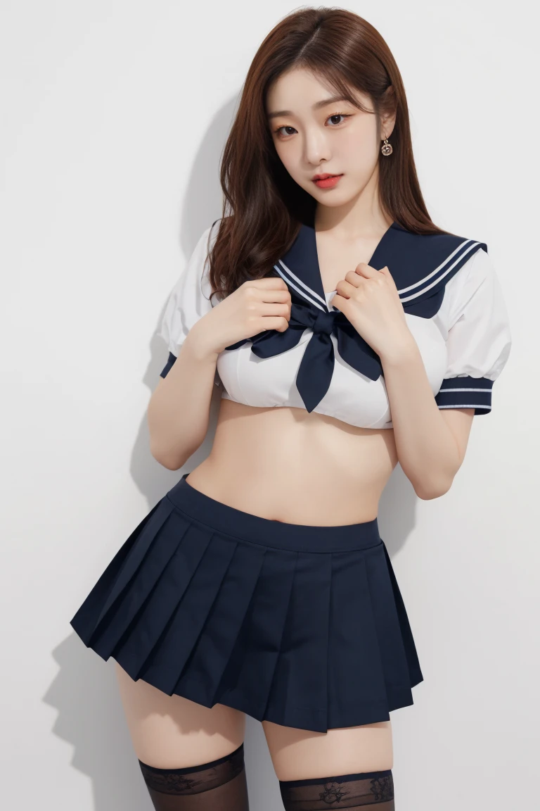 ((Breast enlargement)), (masterpiece, Highest quality:1.2), 8K, Young and beautiful girl, 85mm,Official AR RAW Photos, (Baby Face), ((Small face)), (((Super big breasts))),  Detailed nipples, Show me your ears、photo shoot, Cute face, Thighs, Classroom after school, Look away, Embarrassing、smile、 makeup, Film Grain, chromatic aberration, Sharp focus, Face Light, Bright lighting, 10 generations, Detailed face, Background blur、((((((14 year old high school girl))))))、Narrow waist, ((Sailor suit, Navy Pleated Skirt)), (White tiny panties), ((Sit with your legs apart)), ((Show me your hips))